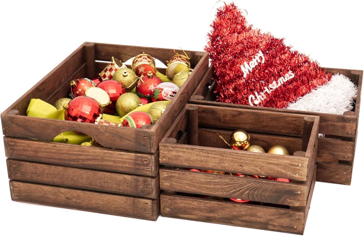 Rustic Wood Crates for decorative display, Nesting Crate set for storage and farmhouse style decor, wooden boxes made from 100% American Wood (Dark Walnut, Set of 3)