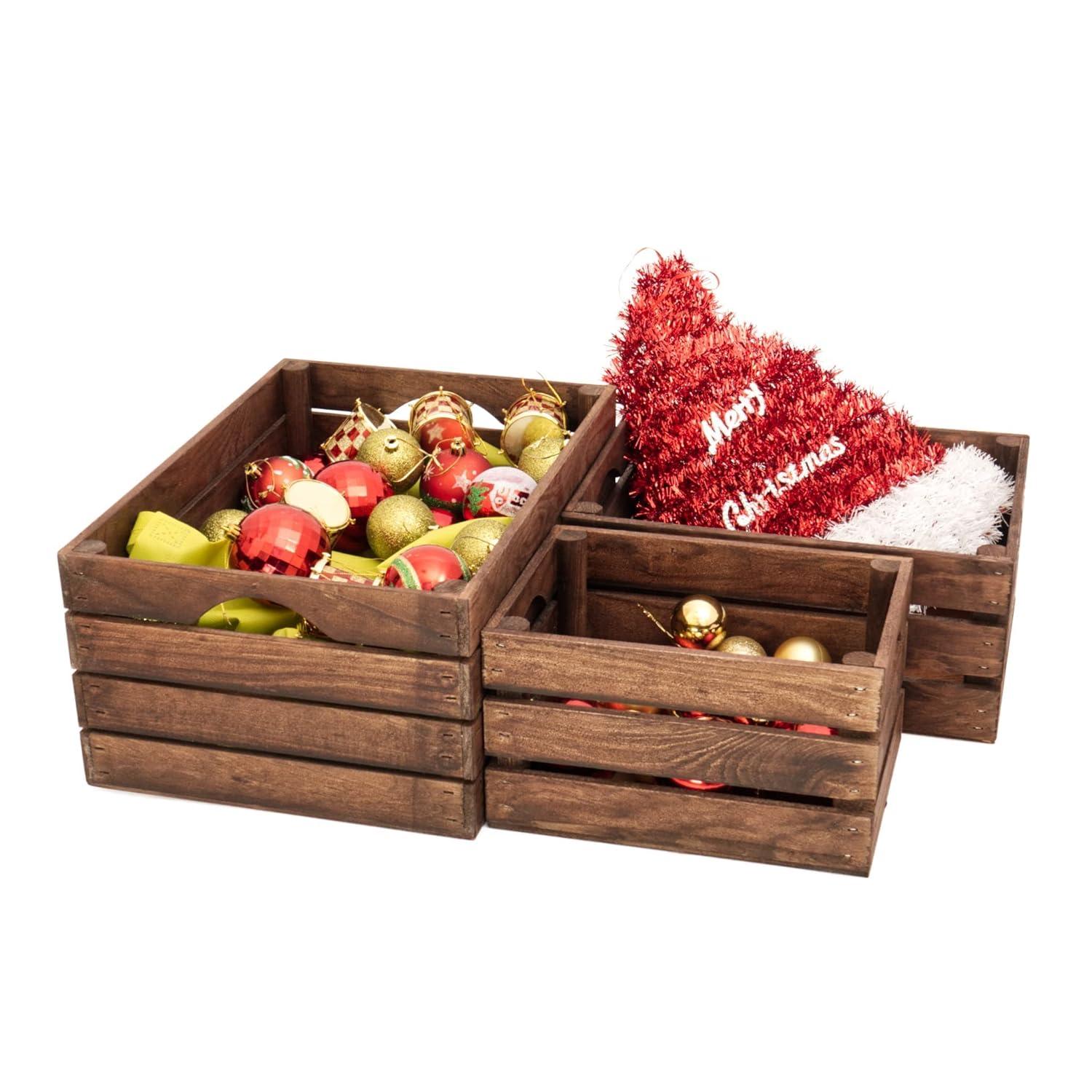 Rustic Wood Crates for decorative display, Nesting Crate set for storage and farmhouse style decor, wooden boxes made from 100% American Wood (Dark Walnut, Set of 3)