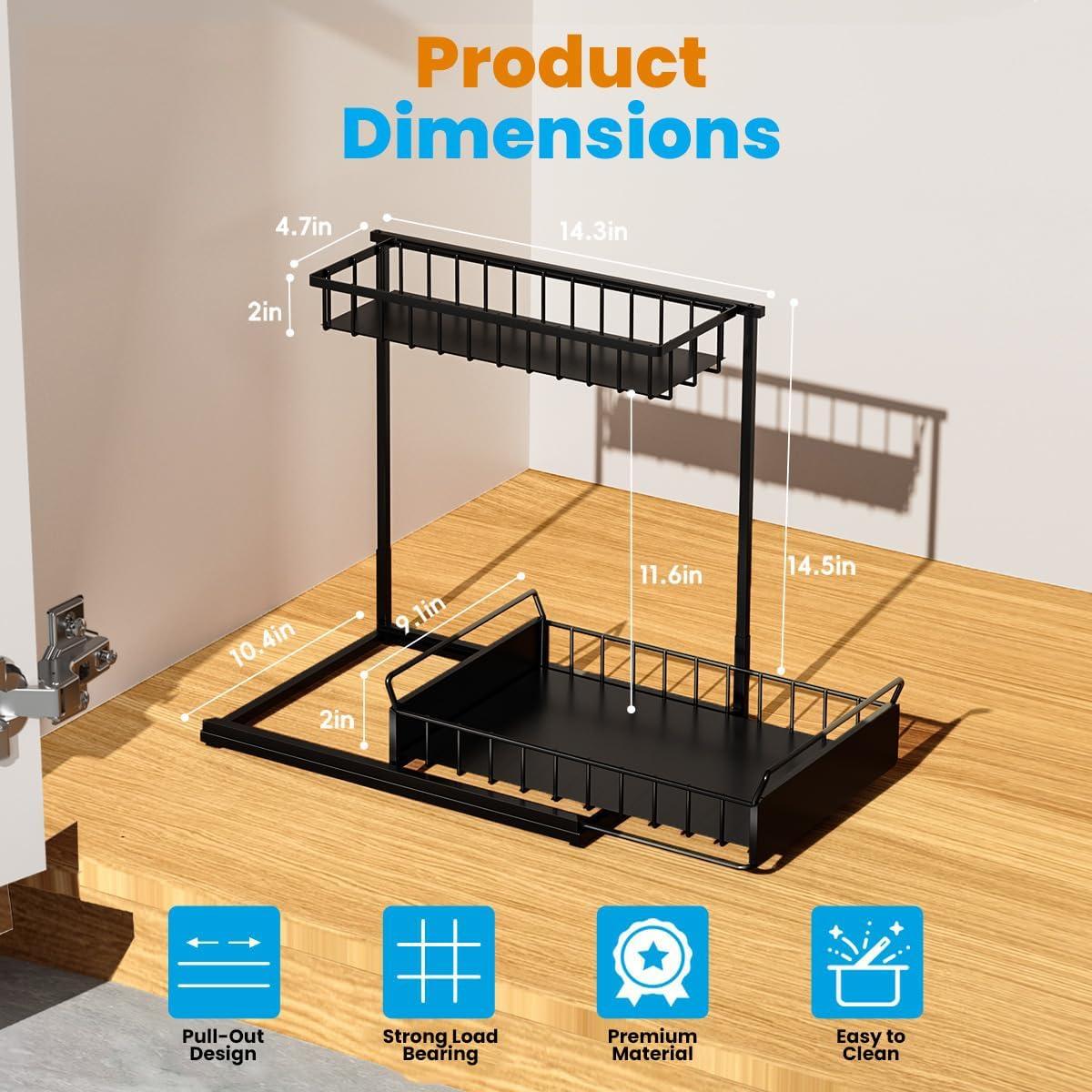 Under Sink Organizers and Storage, 2 Tier, L Shaped, Pull out sliding, Adjustable Under Sink Organizer for Kitchen Bathroom Cabinet Counter Organizer with Non-Slip Feet undersink organizer (BLACK)
