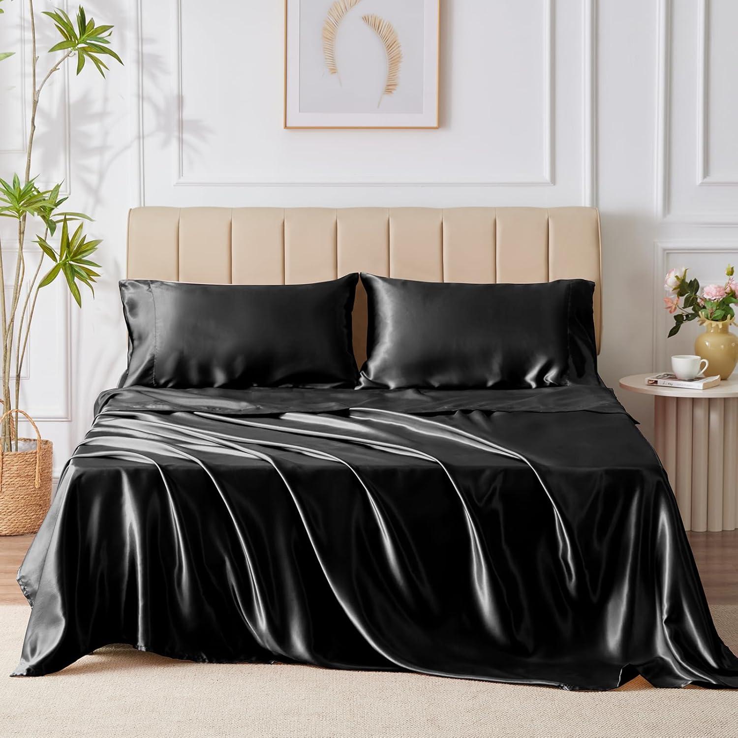 Black Satin Full Size 4-Piece Deep Pocket Sheet Set