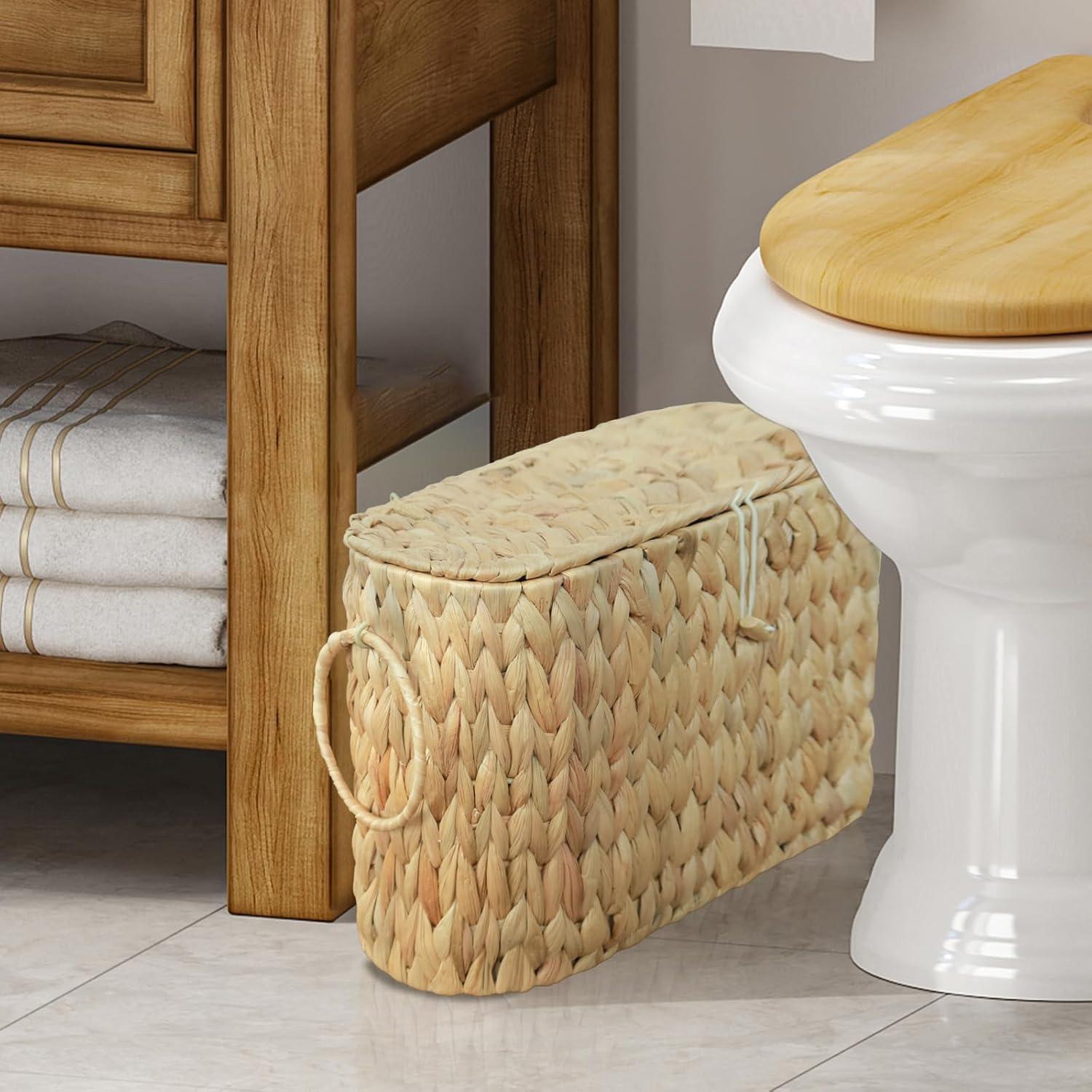 Toilet Paper Basket-Wicker Toilet Paper Storage with Lid,Decorative Farmhouse Boho Wicker Basket for Bathroom Storage and Organizer,Free Standing