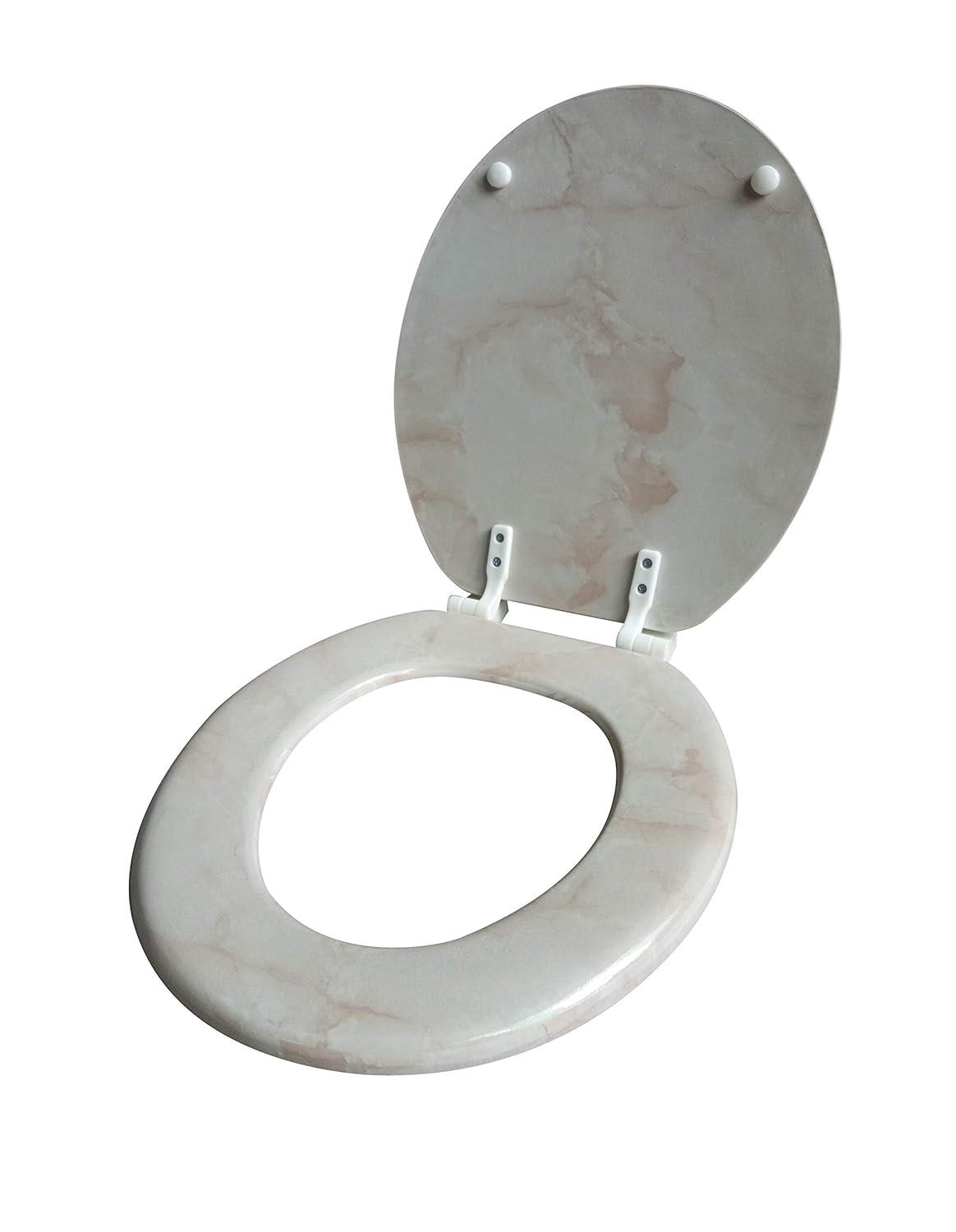 Beige Marbleized Wood Round Toilet Seat with Non-Slip Hardware