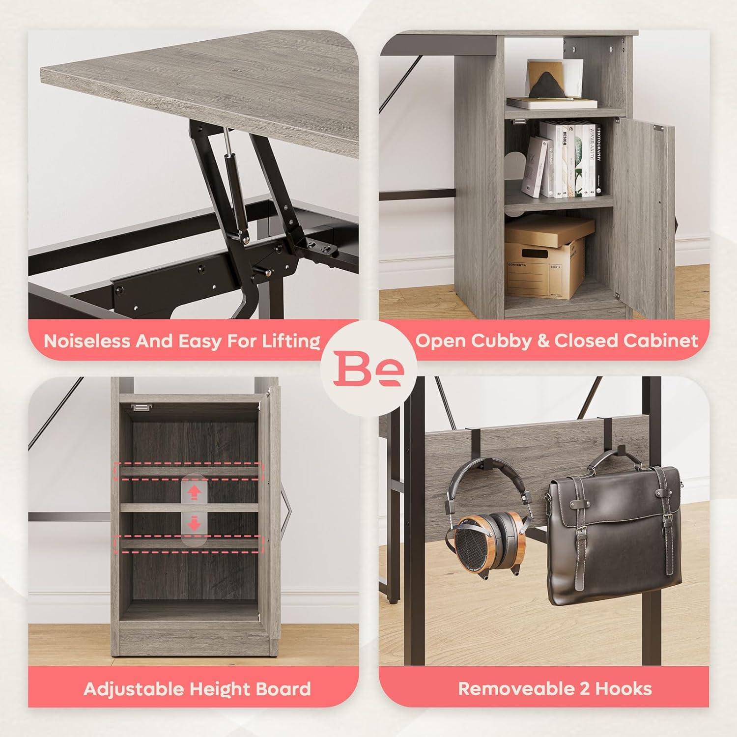 Bestier Reversible 60 inches L Shaped Computer Desk with Storage Cabinet Long Desk for 2 Person Wash Grey