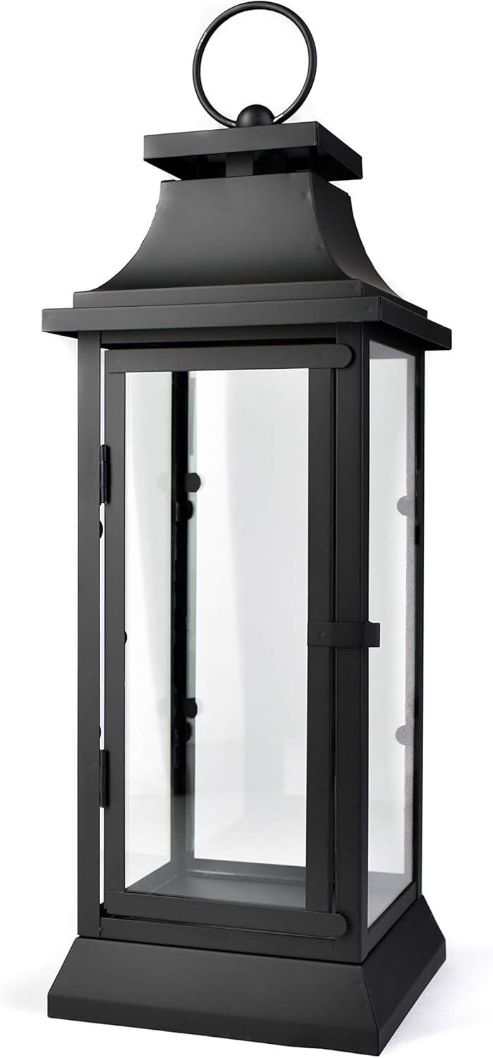 Small Black Iron Hurricane Lantern with Clear Glass Panels