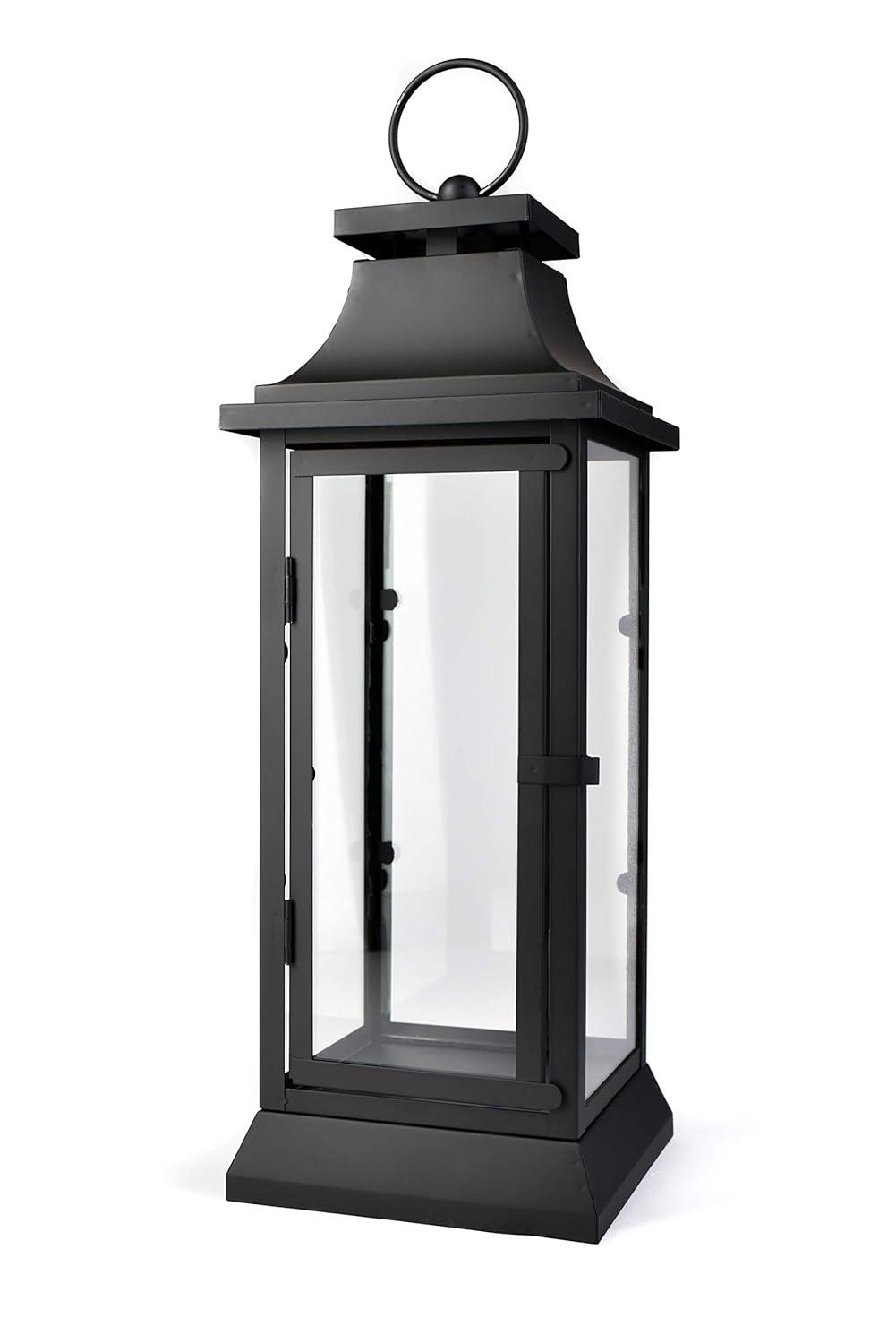Small Black Iron Hurricane Lantern with Clear Glass Panels