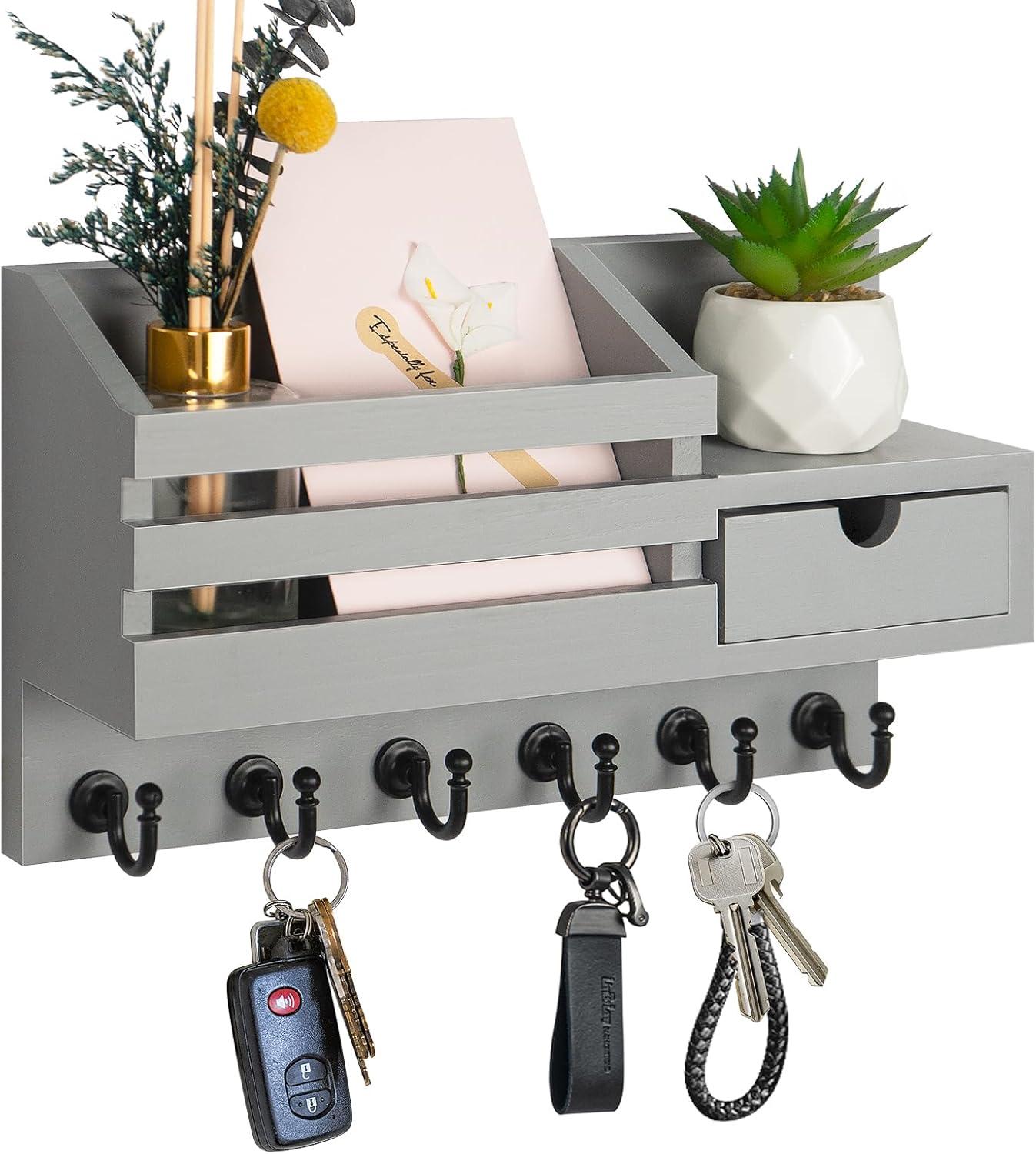 Gray Wall-Mounted Mail Organizer with Hooks and Drawer