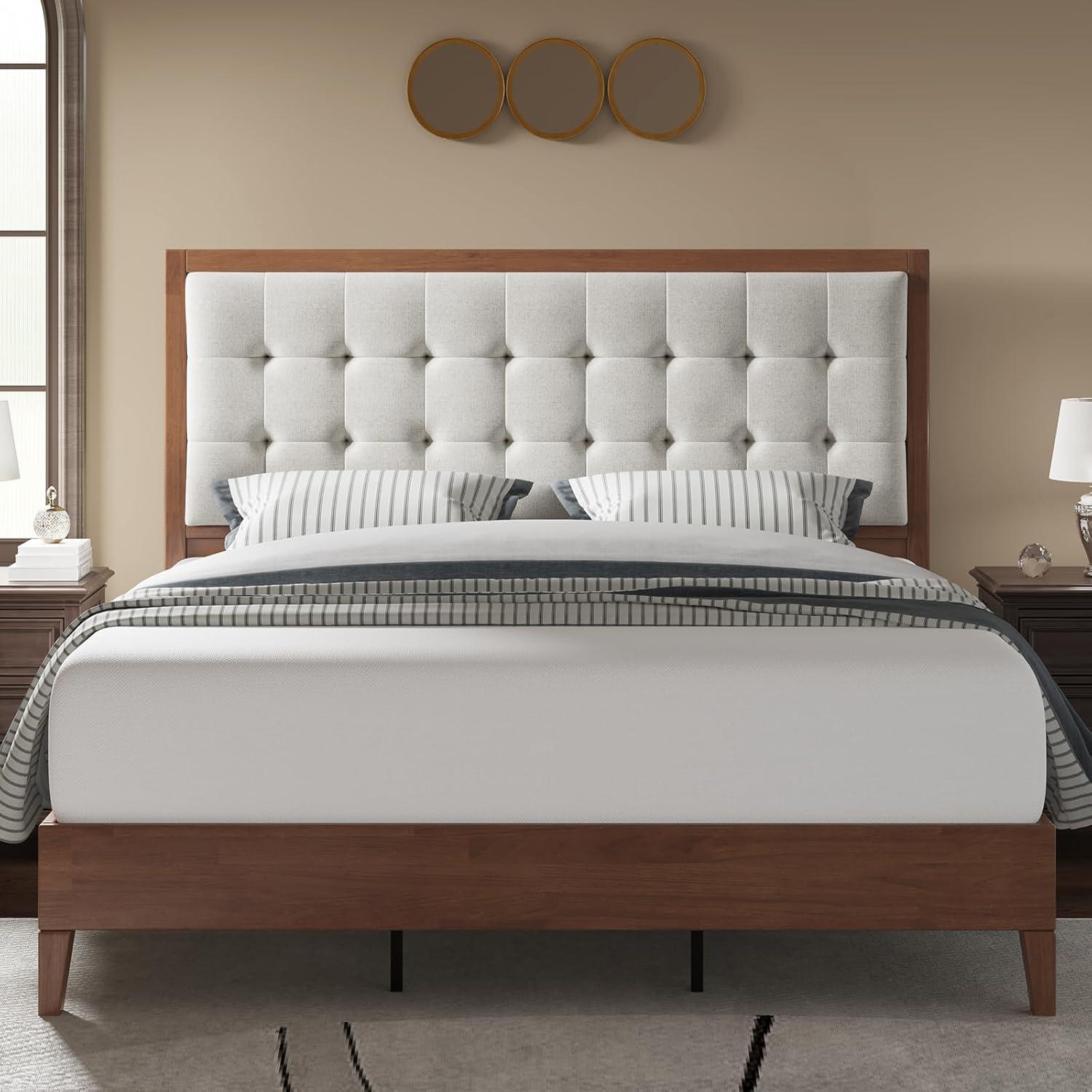 Merluxy Queen Bed Frame, Wood Platform Bed with Upholstered Headboard, Walnut