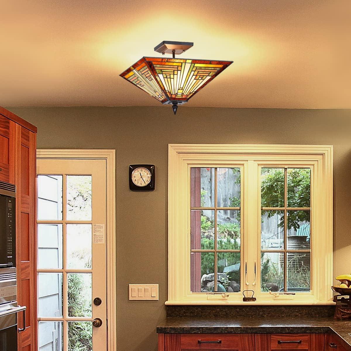 Chloe Lighting Innes Tiffany-Style 2 Light Mission Semi-Flush Ceiling Fixture 14" Shade