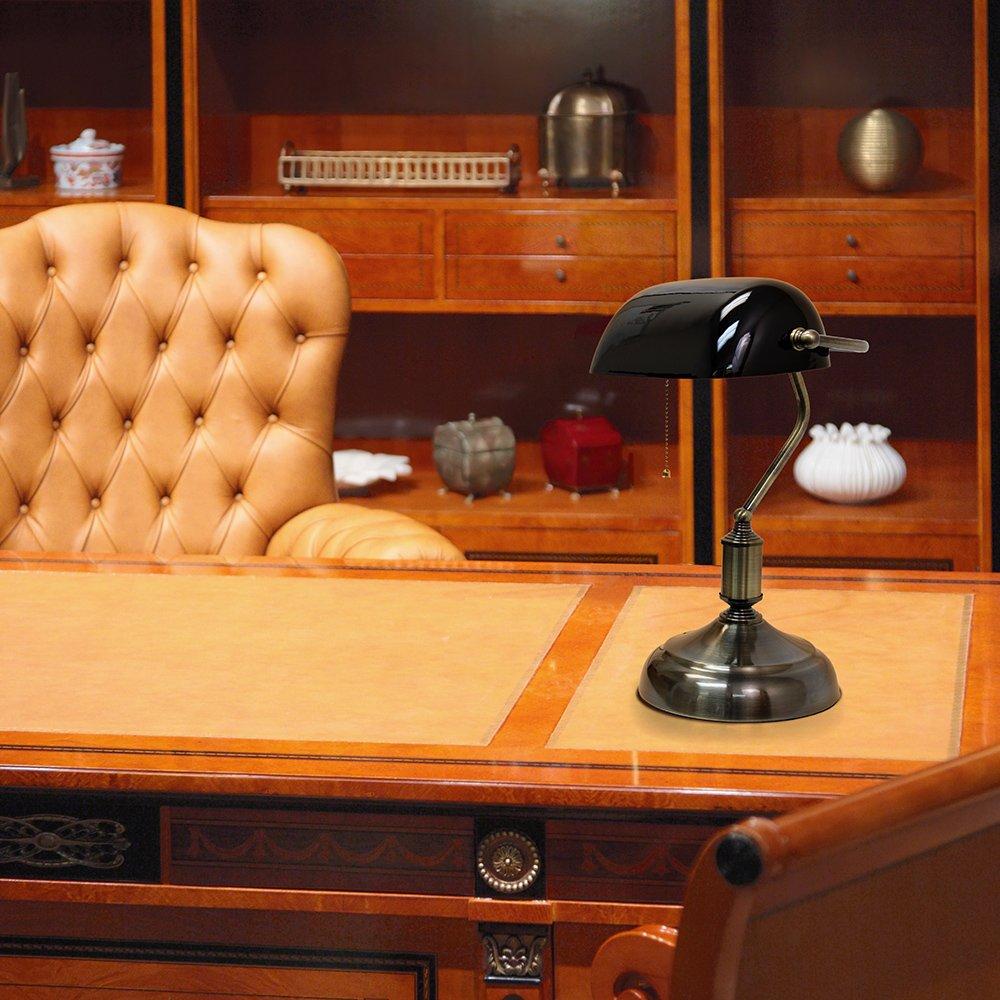 Executive Banker's Desk Lamp with Glass Shade Black - Simple Designs: ETL Listed, Metal Body, Pull Chain