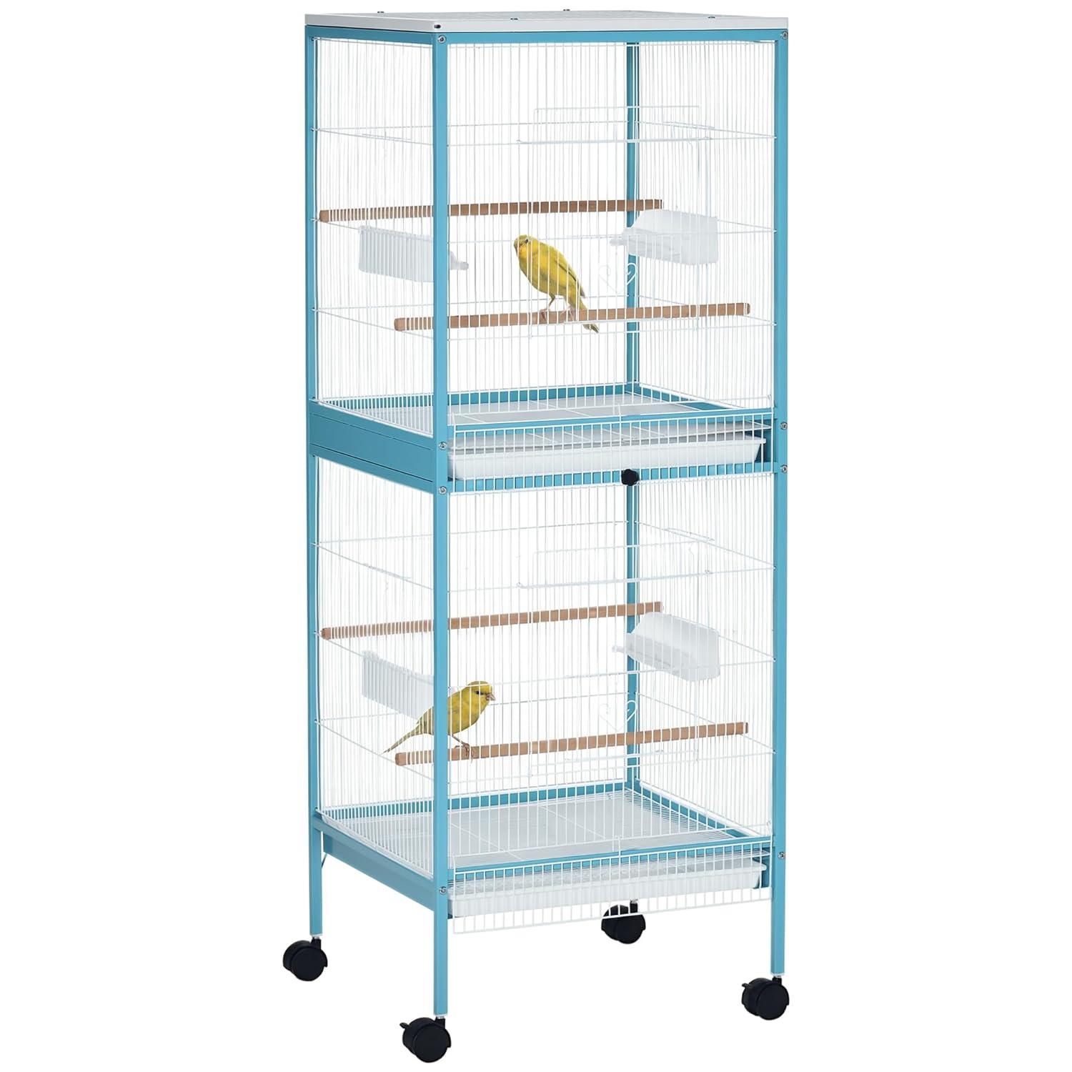 PawHut 55" 2 In 1 Bird Cage Aviary Parakeet House for finches, budgies with Wheels, Slide-out Trays, Wood Perch, Food Containers, Light Blue