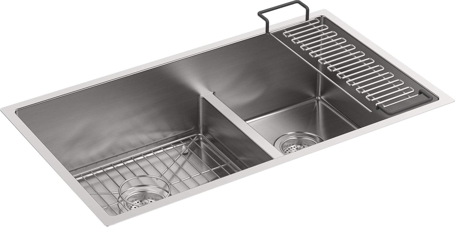 Strive 32" L x 18-5/16" W x 9-5/16" Smart Divide Under-Mount Large/Medium Double-Bowl Kitchen Sink with Basin Rack