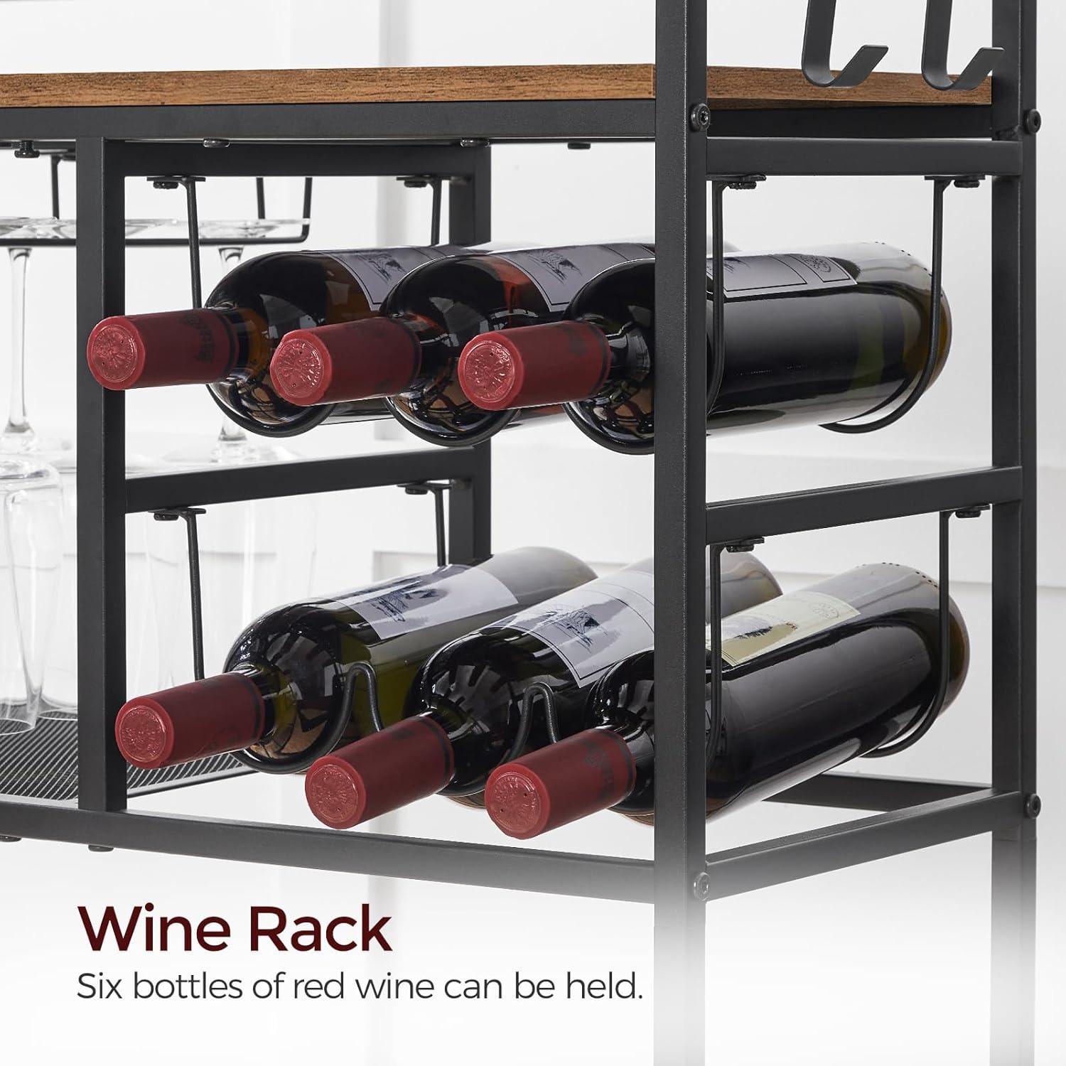Bar Cart for Home, 3-Tier Serving Cart with Wheels and Handle, Beverage Cart with Wine Rack and Glass Holders, Rolling Wine Cart for Kitchen, Dining Room, Rustic Brown RCHR6101