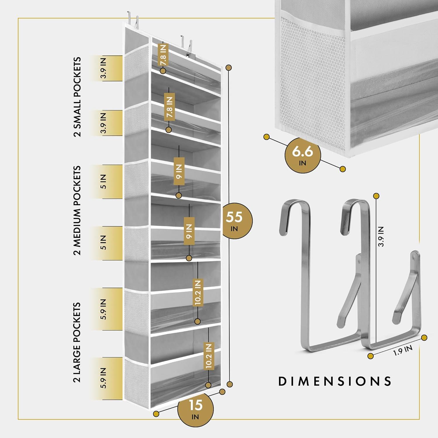 HOMELUX THEORY 2 PC Heavy Duty Over the Door Organizer 55x14x6.7, 6 Large Front & 12 Side Pockets, Hanging Storage Closet Door Organizer for Bedroom, Bathroom and Baby Nursery Storage (Light Gray)