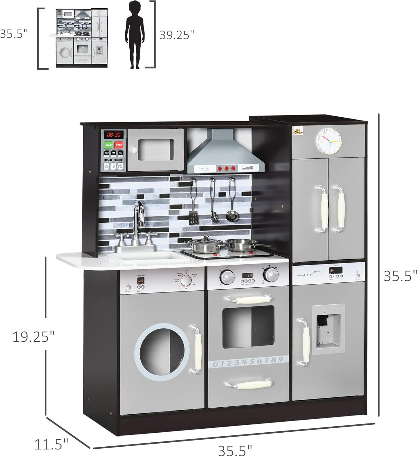 Qaba Wooden Play Kitchen with Lights Sounds, Kids Kitchen Playset with Washing Machine, Water Dispenser, Microwave, Range Hood, Refrigerator, Utensils, Gift for 3-6 Years Old