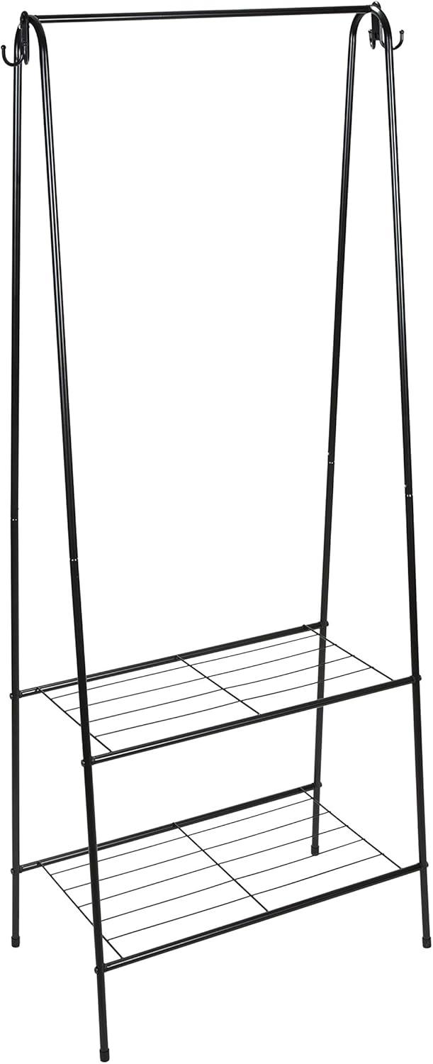 Black Metal Freestanding Clothing Rack with Shelves and Hooks