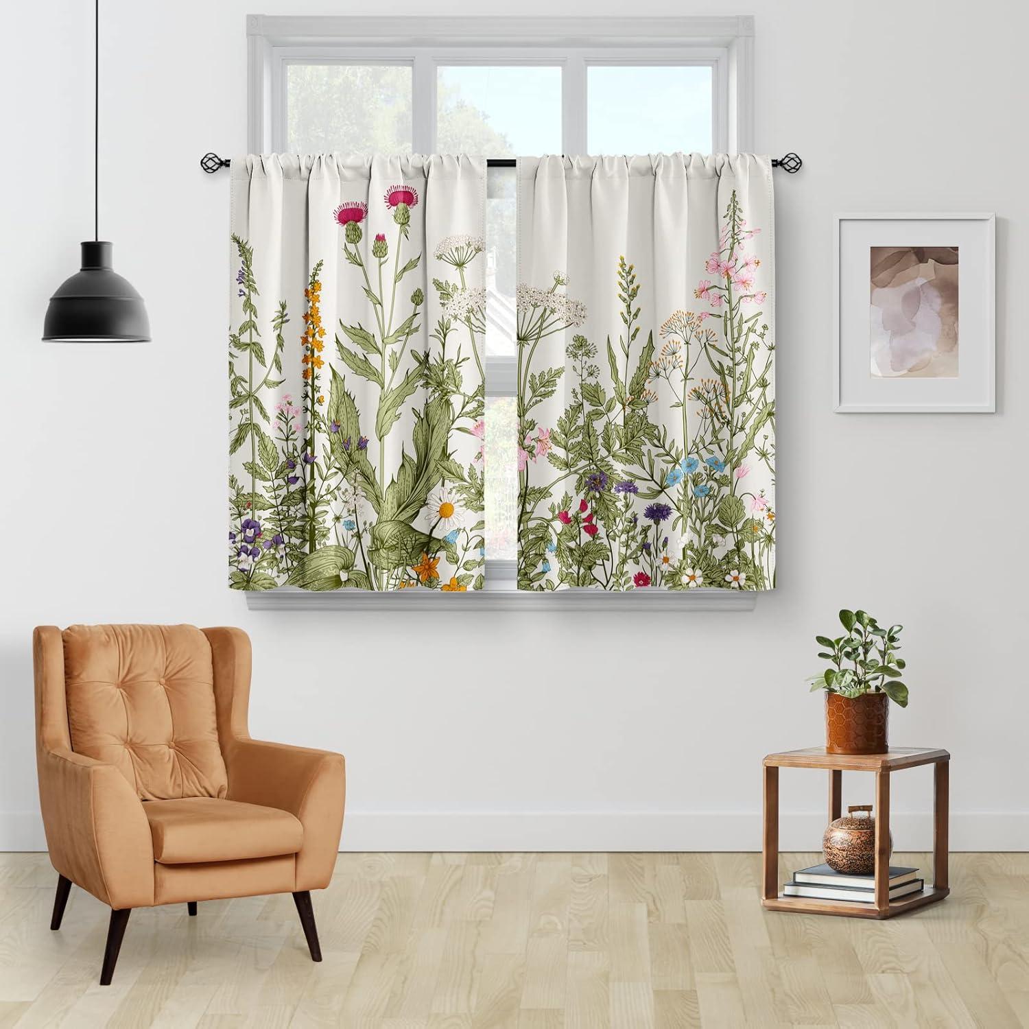 Aimego Colorful Leaves Kitchen Curtains - Floral Spring Botanical Tier Cafe Curtains Farmhouse Country Small Window for Bathroom Living RV Rod Pocket Window Drapes 36 Inch 2 Panels Set 28 "x36