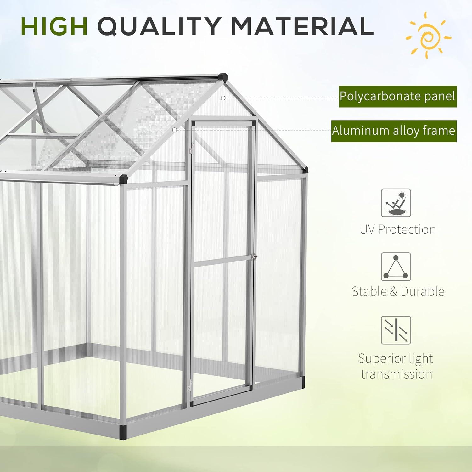 Outsunny Walk-In Polycarbonate Greenhouse with Roof Vent for Ventilation & Rain Gutter, Hobby Greenhouse for Winter