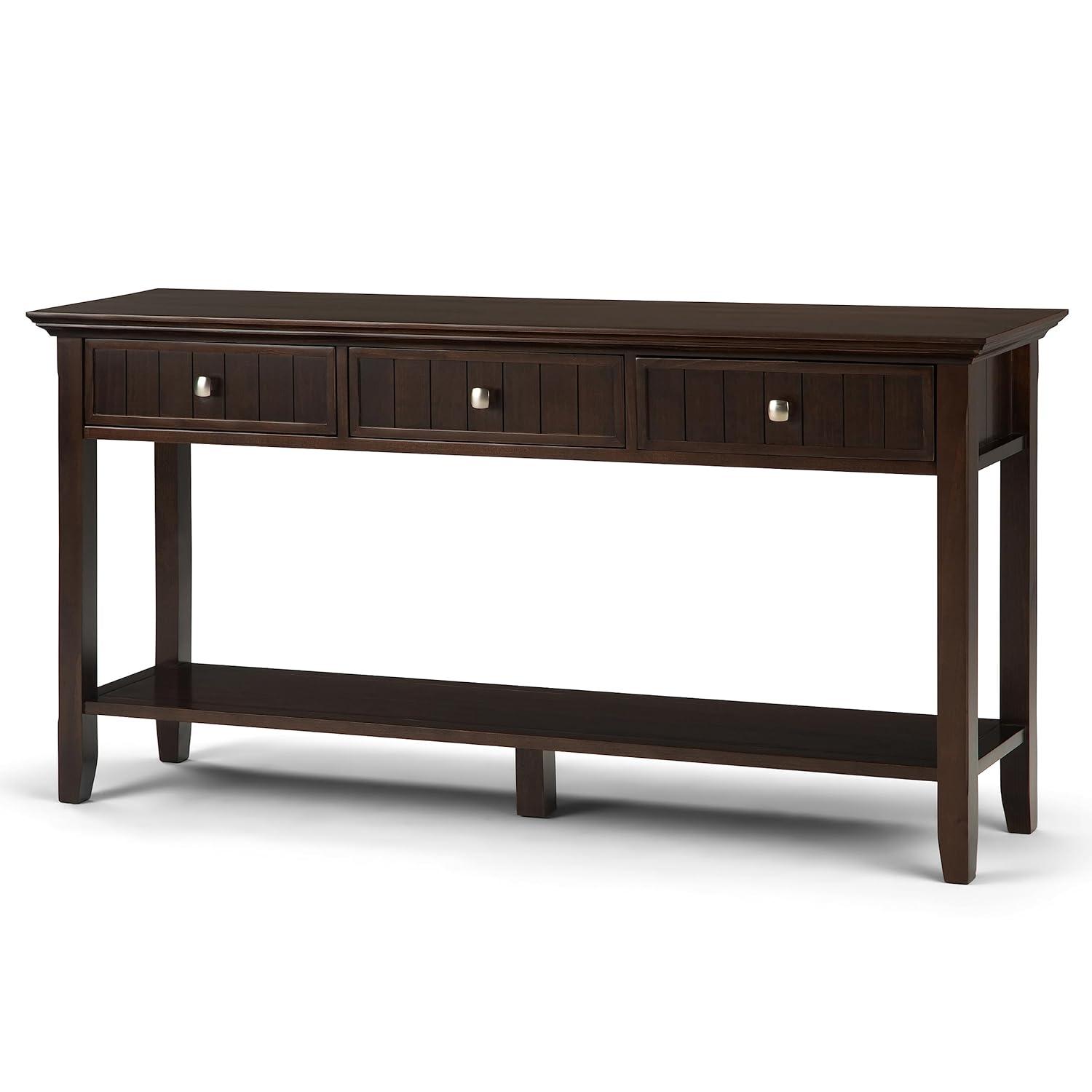 Simpli Home Acadian 60"W Solid Wood Wide Storage Console Table in Brunette Brown with Three Drawers and Open Shelf