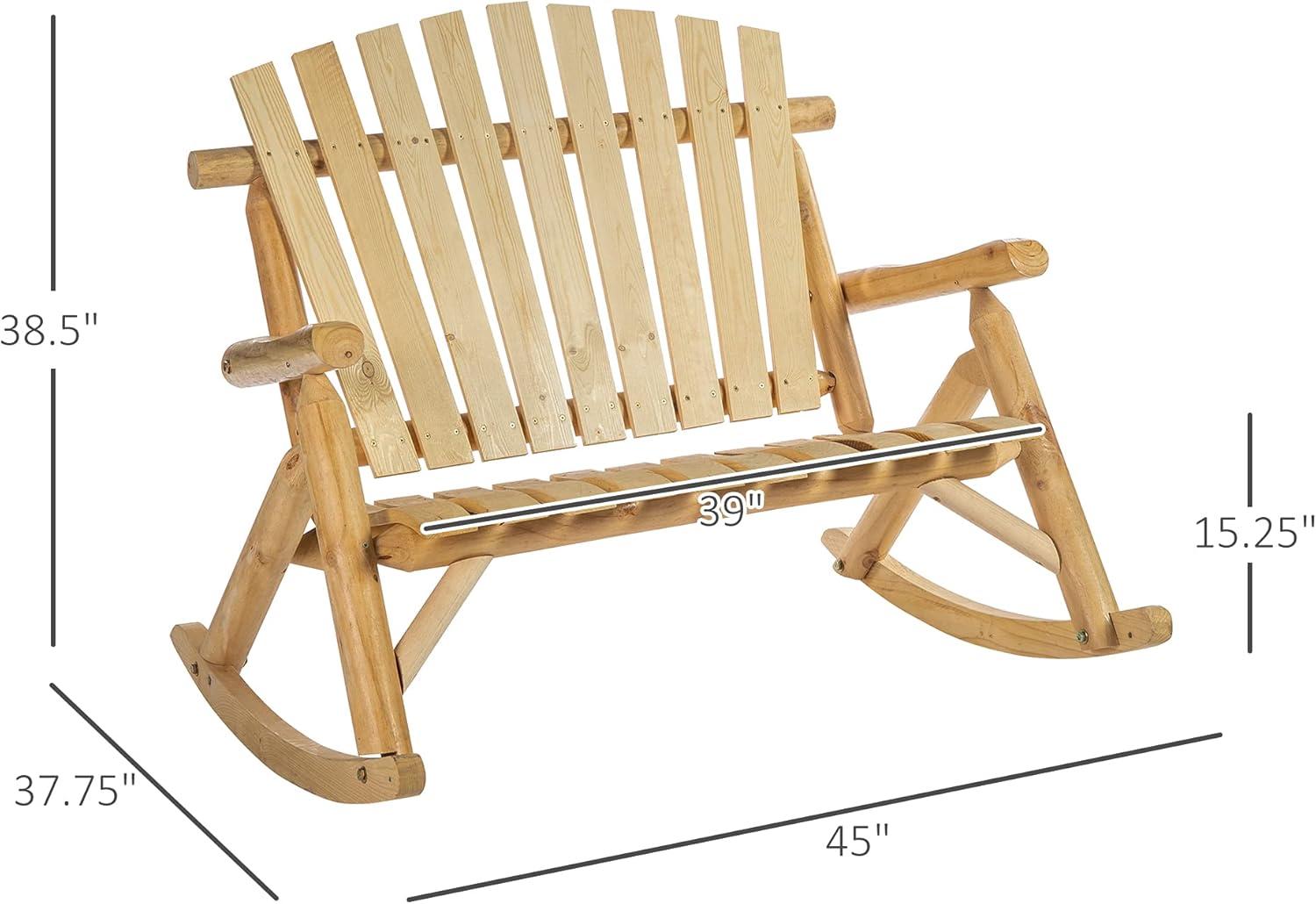 Outsunny Outdoor Adirondack Rocking Chair with Log Slatted Design, 2-Seat Patio Wooden Rocker Loveseat with High Back for Lawn Backyard Garden