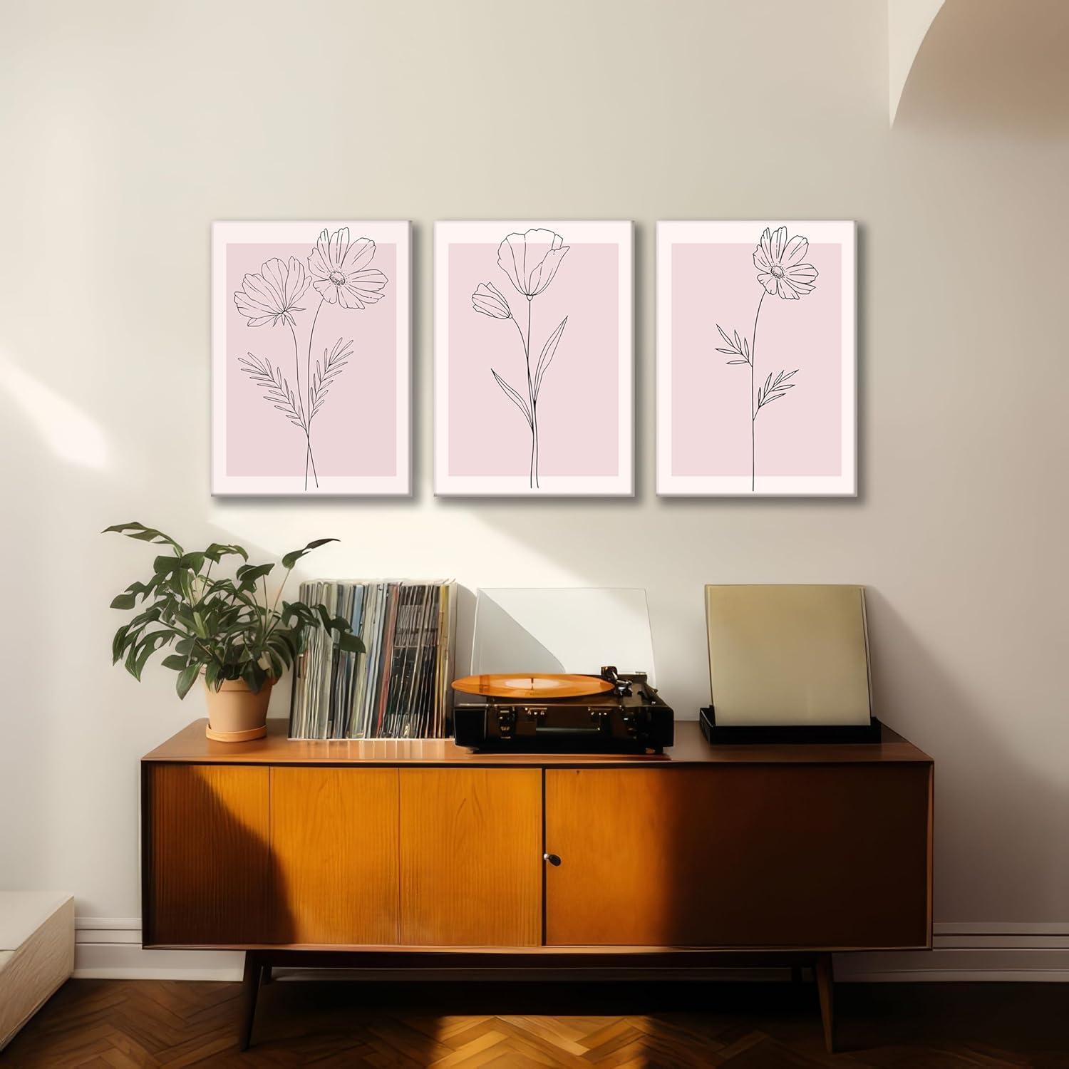 Lark Manor™ 3 Pieces Minimalism Botanical Canvas Wall Art Pink Flowers Line Plants Pictures Wall Decor Posters Print Artwork For Girls' Room Living Room Bedroom Bathroom Office Home Decoration