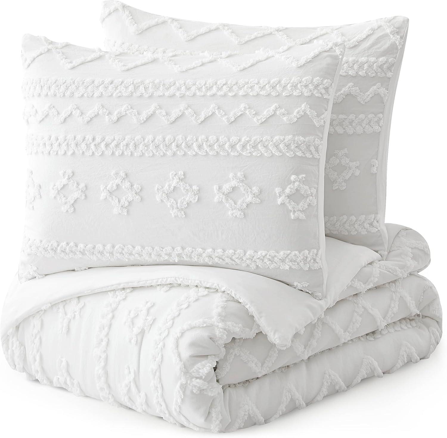 White King Comforter Set Tufted Bedding Sets King 3 Pieces, Boho Shabby Chic Comforter with 2 Pillowcases (White,King)