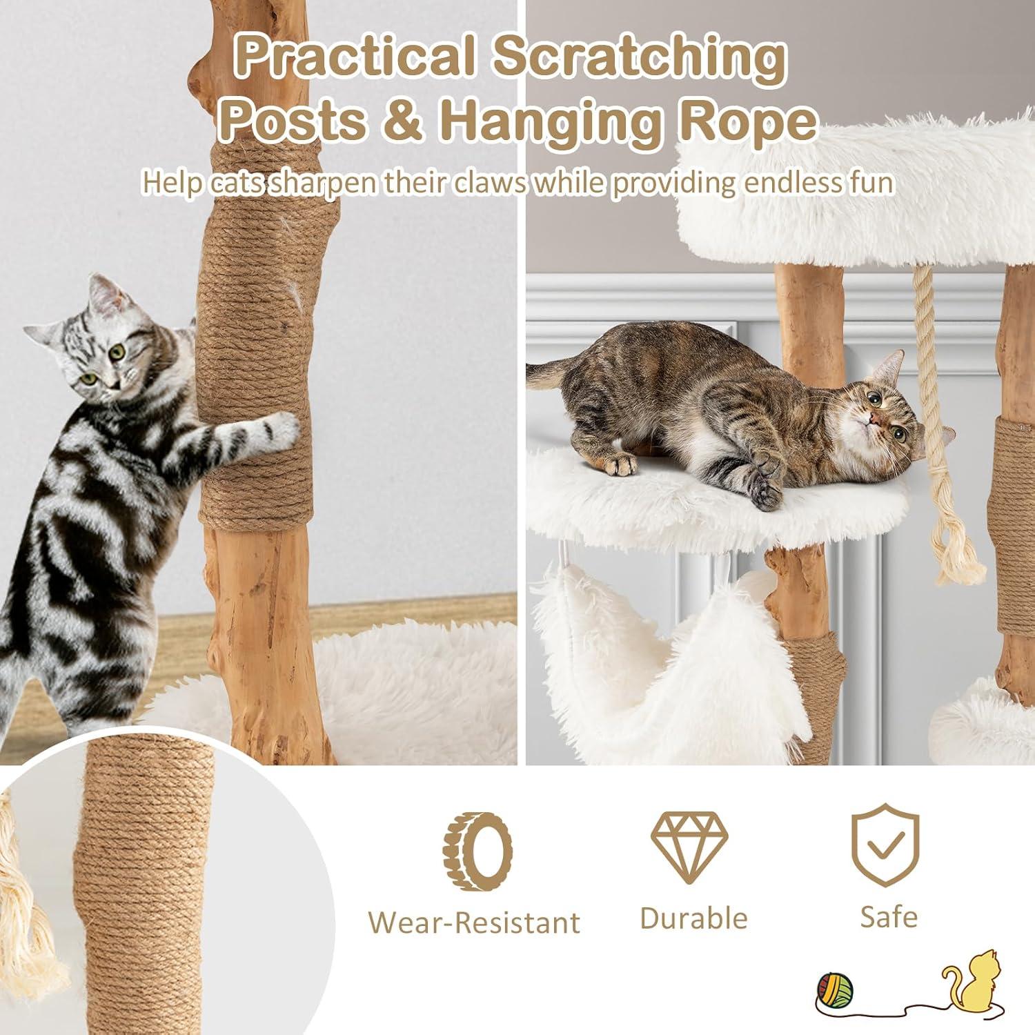 Tangkula 34" Tall Wooden Cat Tree Solid Wood Cat Tower with Jute Scratching Posts