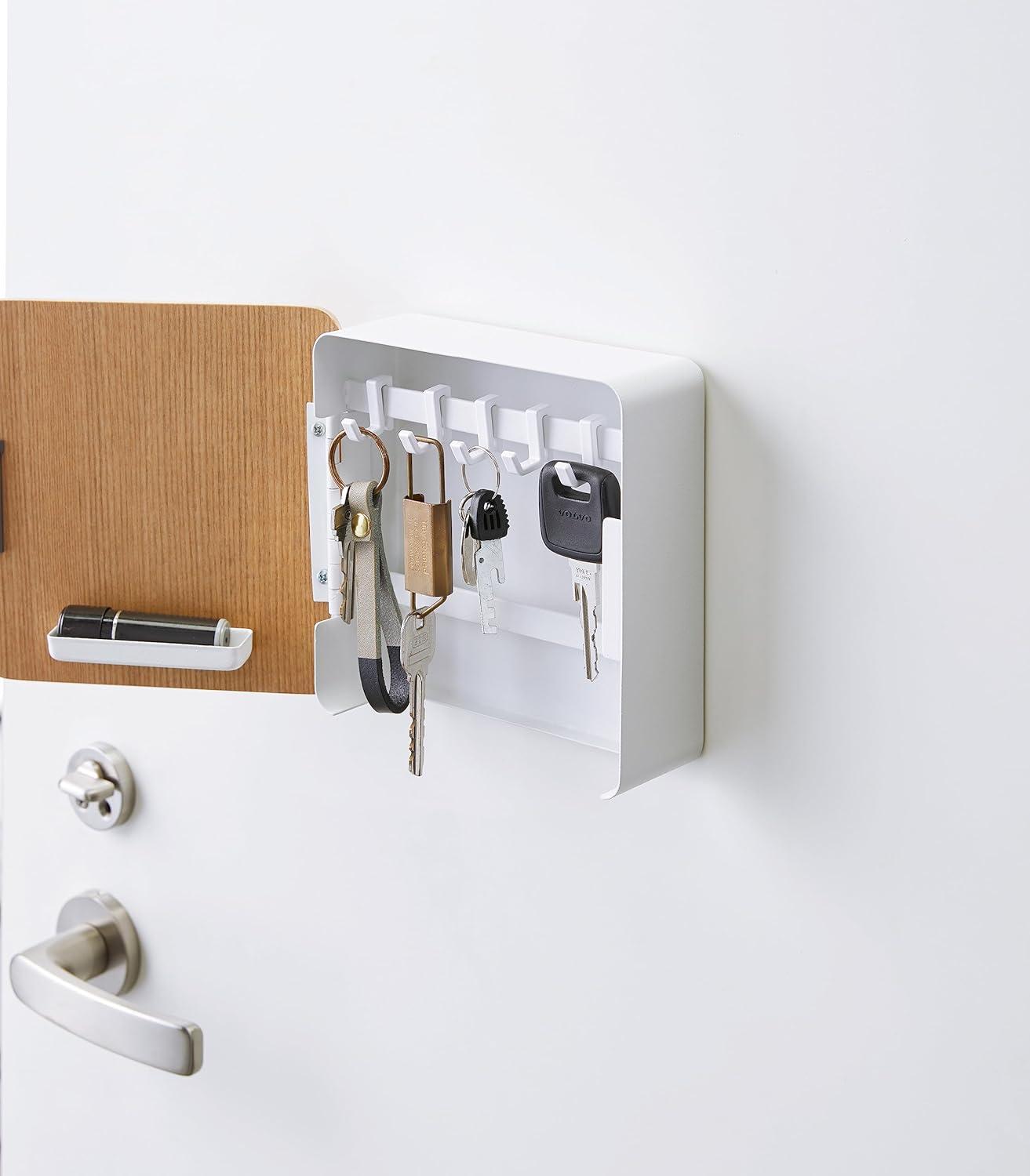 Yamazaki Home Square Magnetic Key Cabinet, Wood Accented Keychain Organizer, Steel + Wood, Magnetic