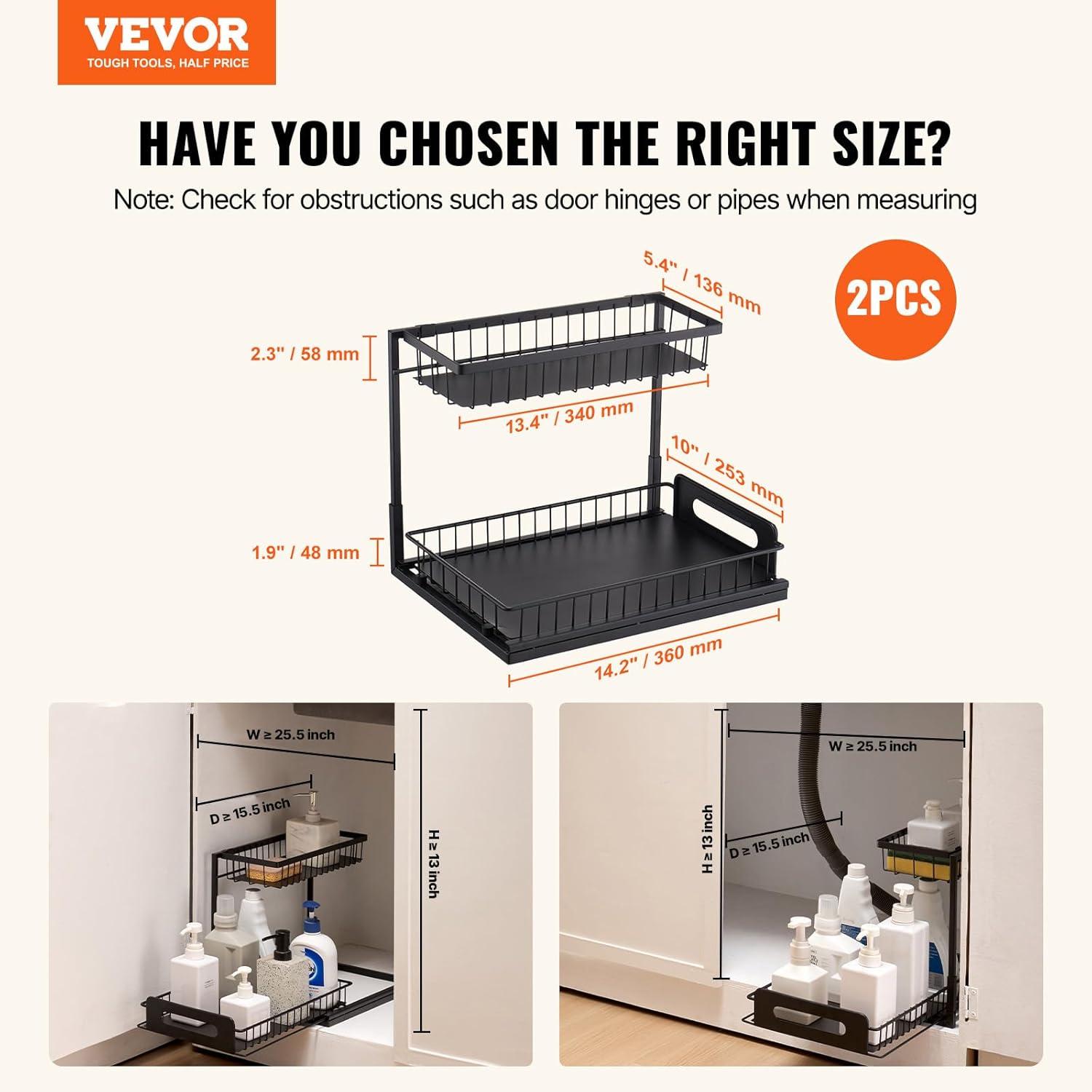 VEVOR 2 Tier Pull Out Cabinet Organizer(10.7"W x 14.2"D ), Under Sink Organizer and Storage, Slide Out Drawer Cabinet Organizer, Wire Basket Sliding Shelf for Kitchen Bathroom Cabinet, Black (2 Pack)