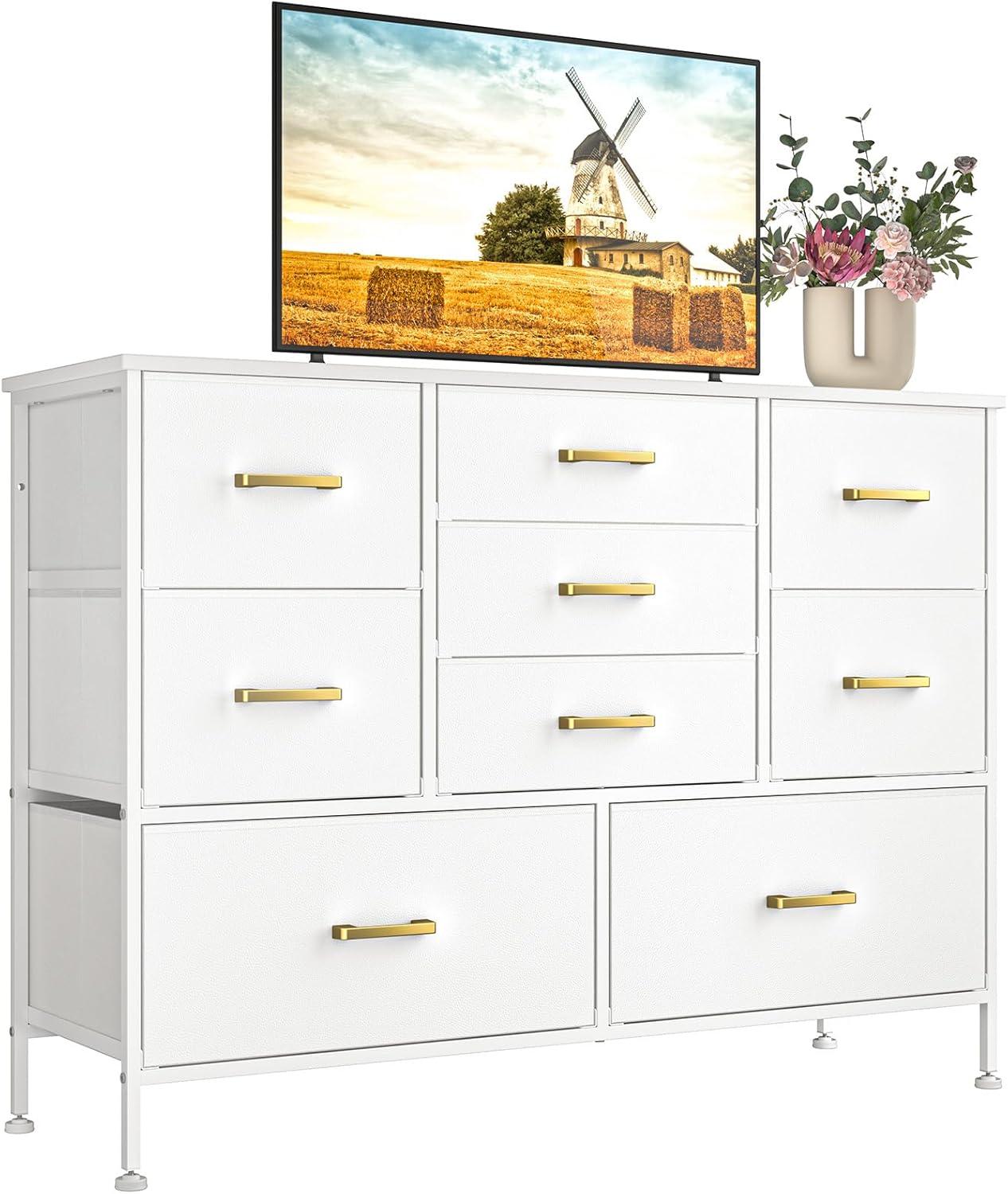White Fabric Chest of Drawers with Leather Finish, Wide Dresser for Bedroom & Living Room TV Stand, Entertainment Center, Featuring 9 Drawers for 50” TV