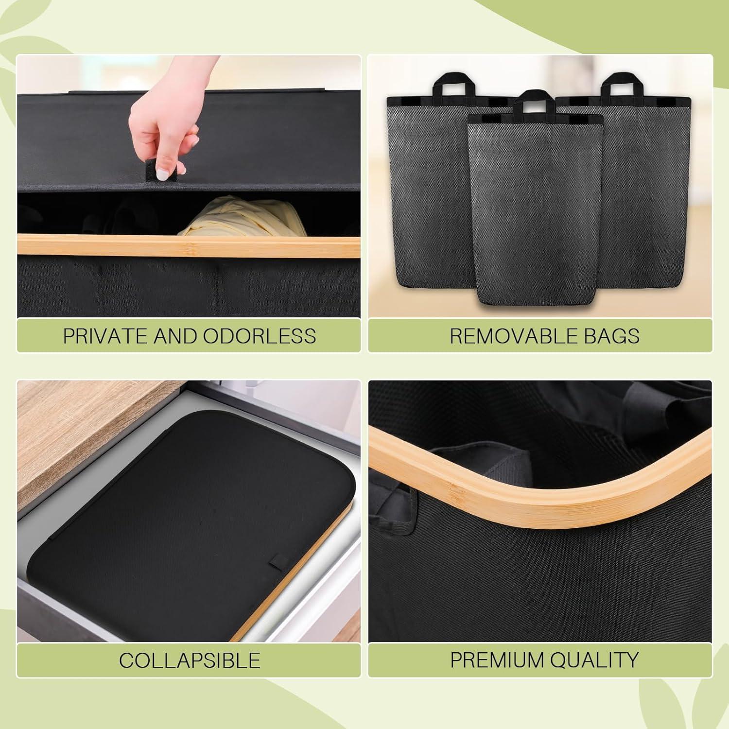 Hampers for Laundry Basket with Lid, 145L Extra Large 3 Section Clothes Divided Organizer for Bedroom, Laundry Room, Dirty Clothing Hamper, Black