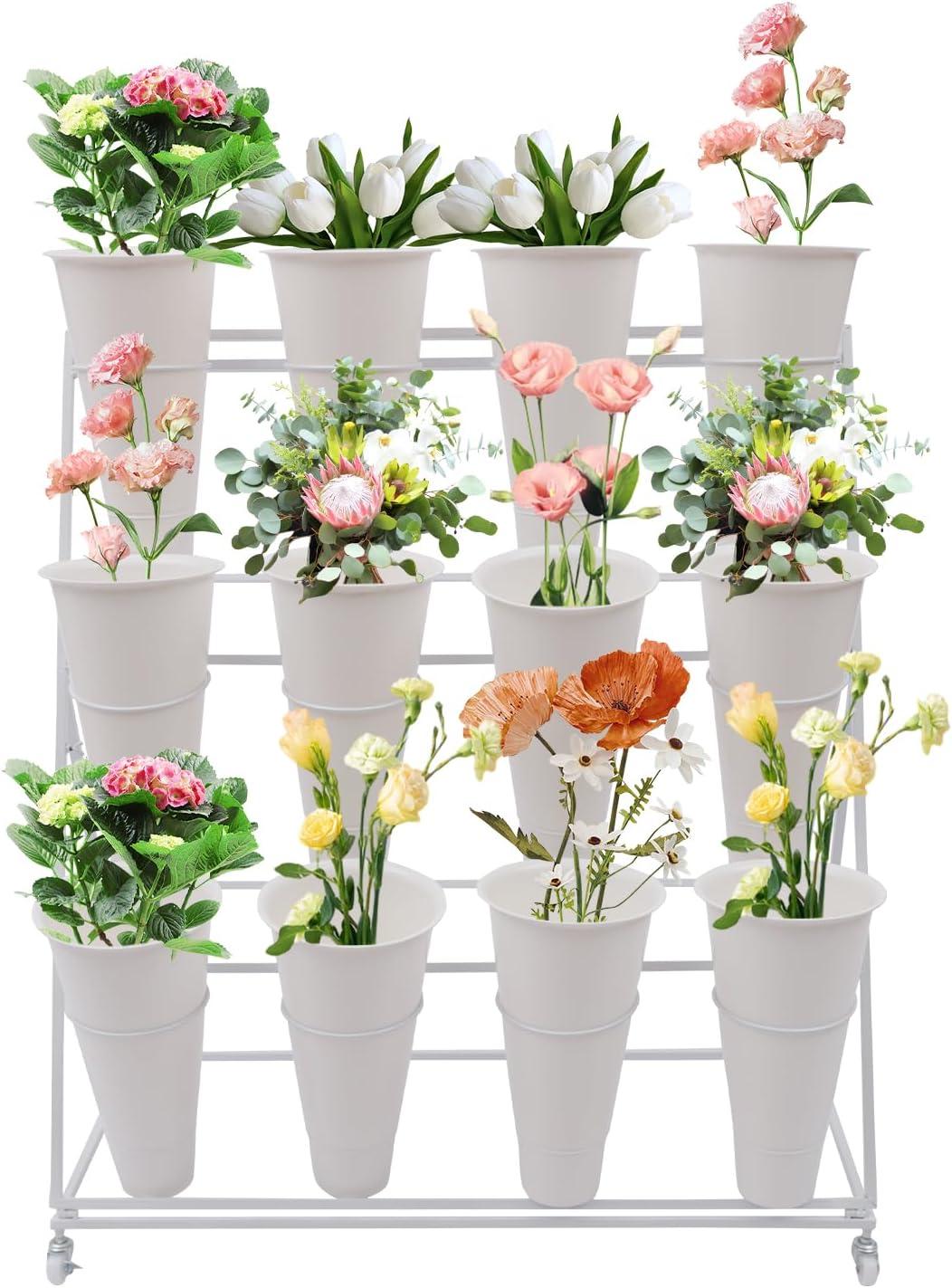 White 3-Tier Iron Plant Stand with 12 Plastic Buckets