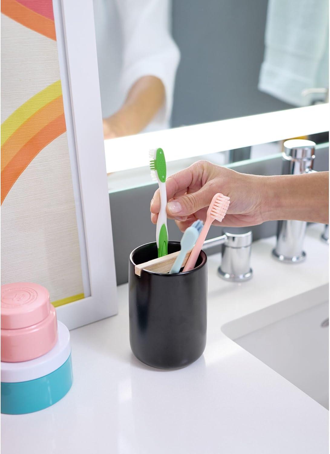 iDesign Eco Vanity Ceramic Toothbrush Holder with Paulownia Wood Divider