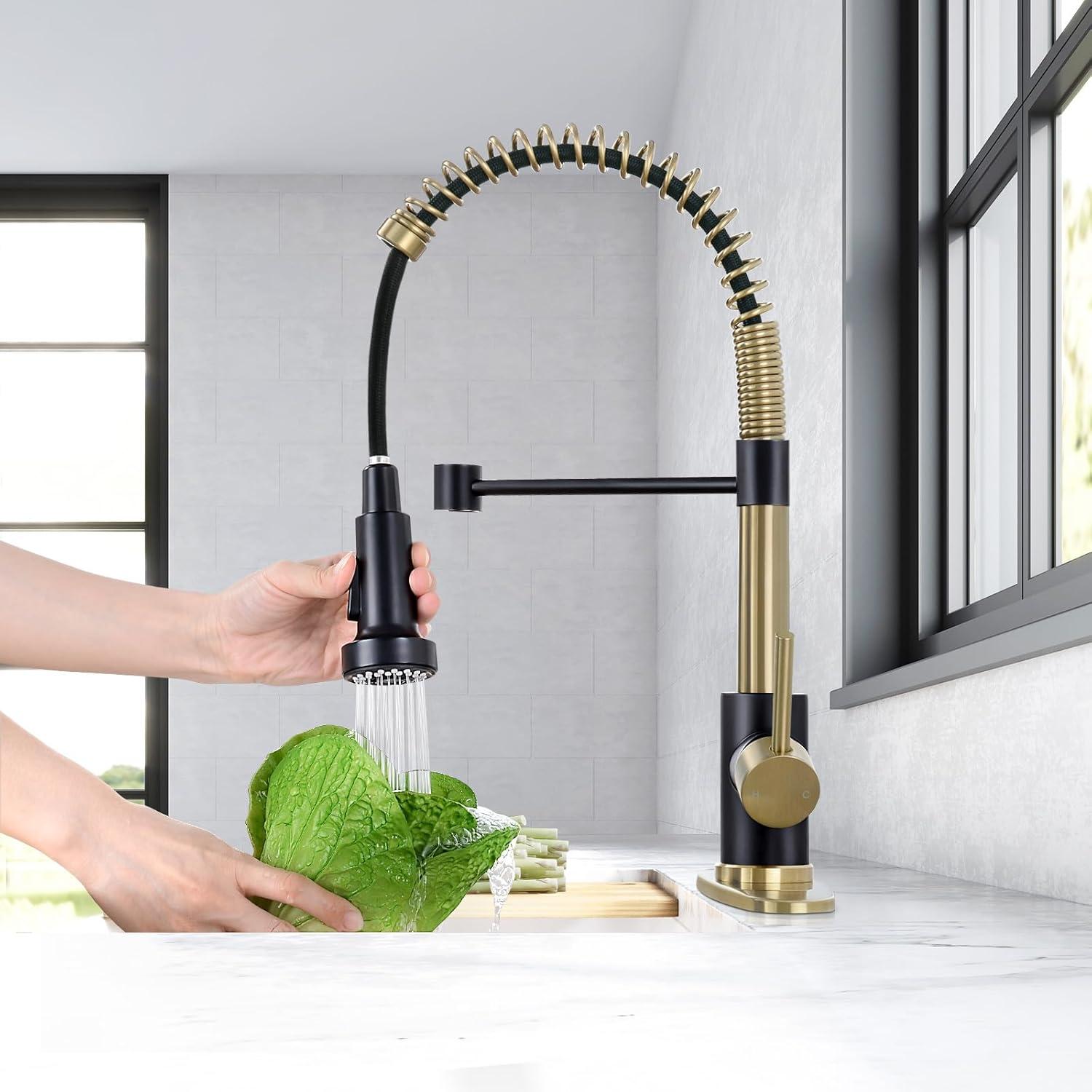 Black and Gold Stainless Steel High-Arc Kitchen Faucet with Pull-Out Spray