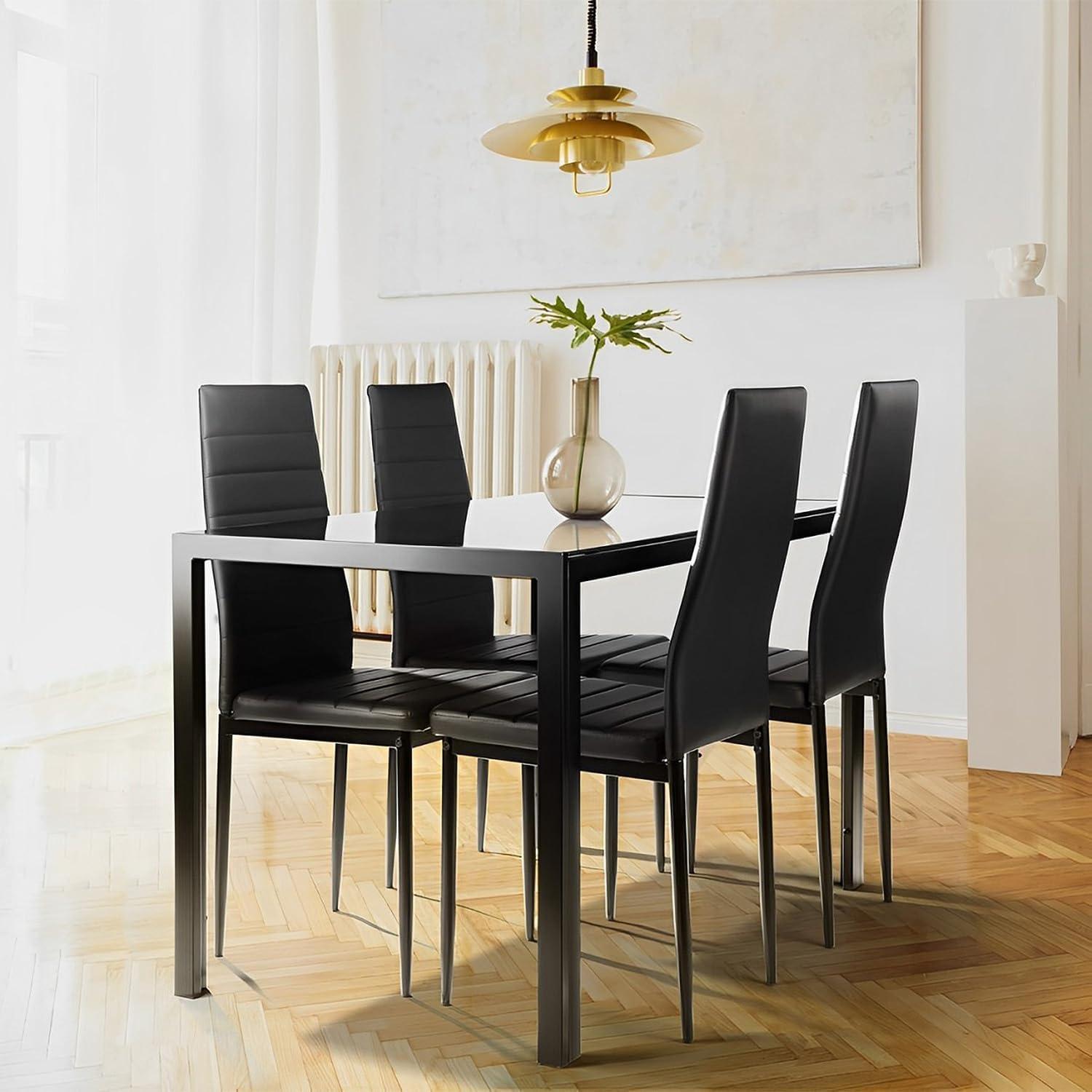 Hekimhan 5-Piece Kitchen Dining Table Set w/ Glass Tabletop, 4 Faux Leather Chairs