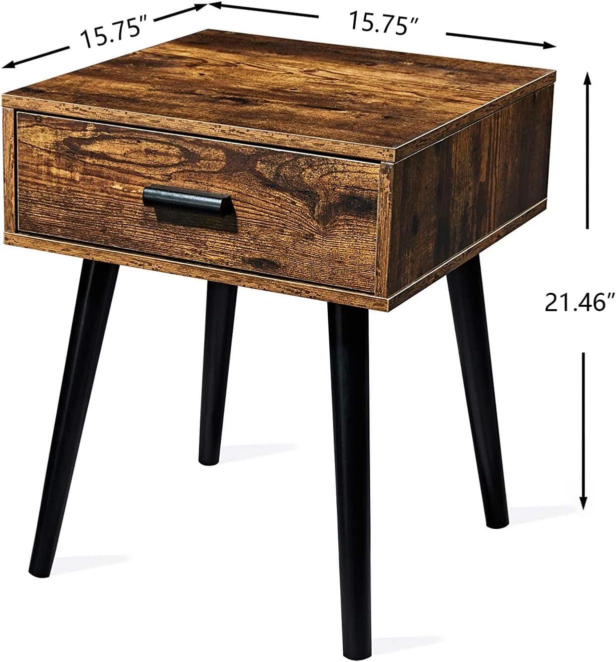 Rustic Brown Wood Nightstand with Drawer and Black Legs