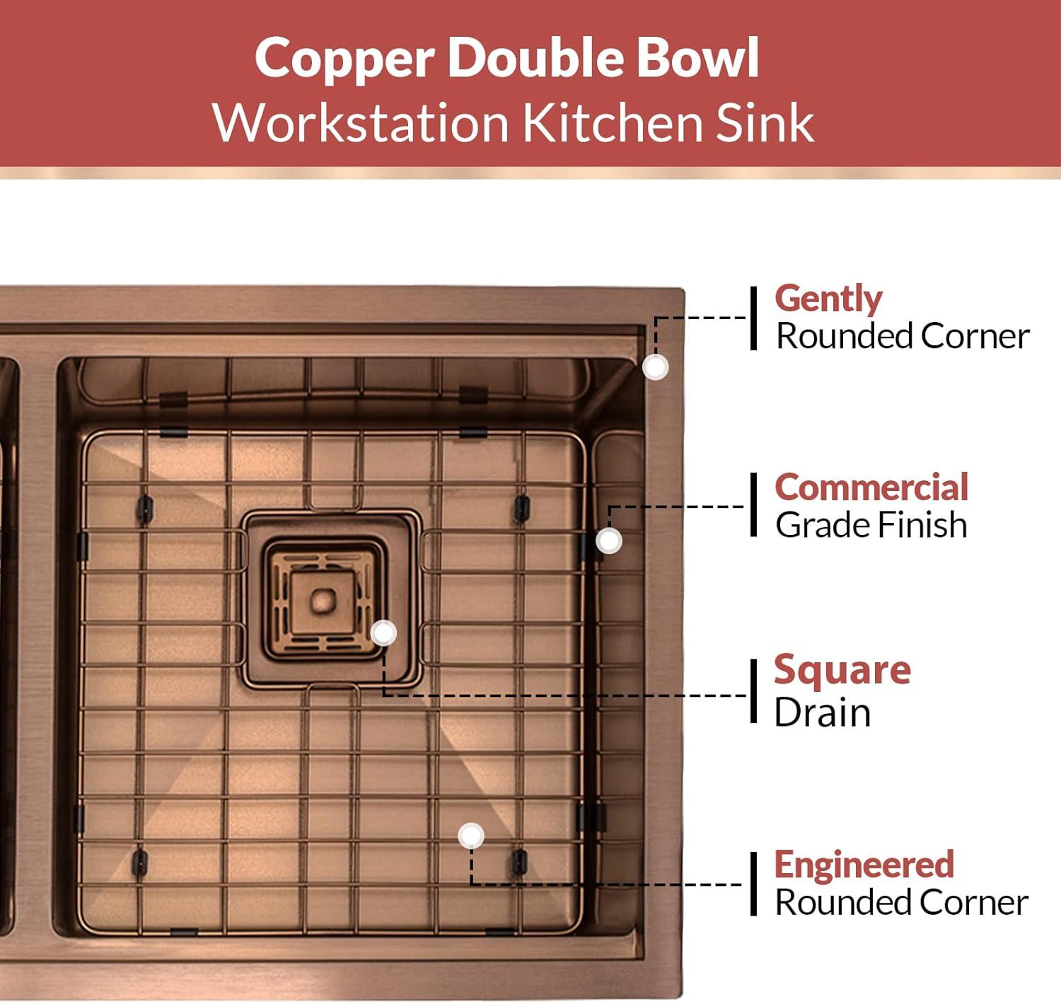 Strictly Sinks 32” Copper Undermount Workstation 16 Gauge Double Bowl Kitchen Sink Stain Resistant