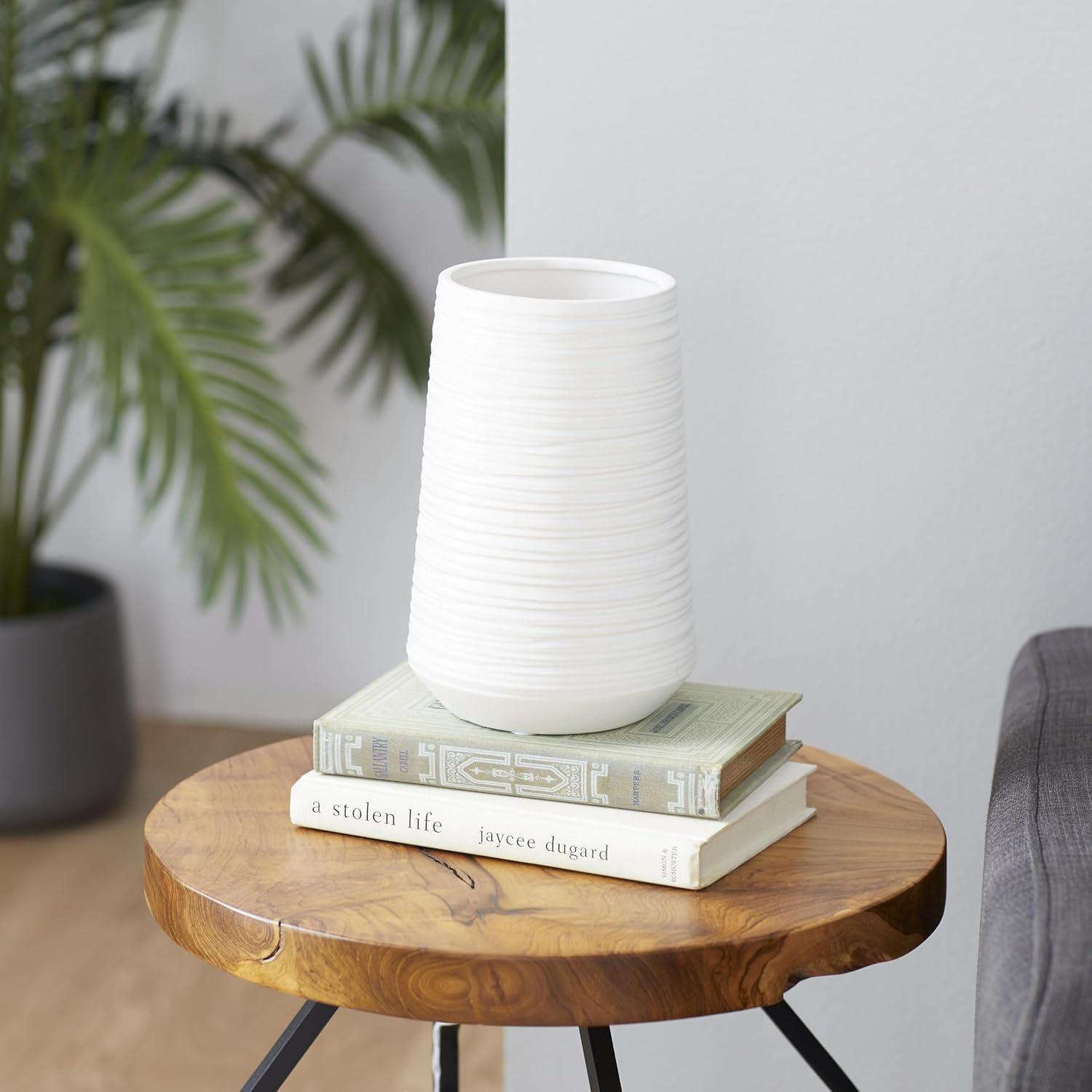 White Porcelain Ribbed Table Vase with Wide Opening