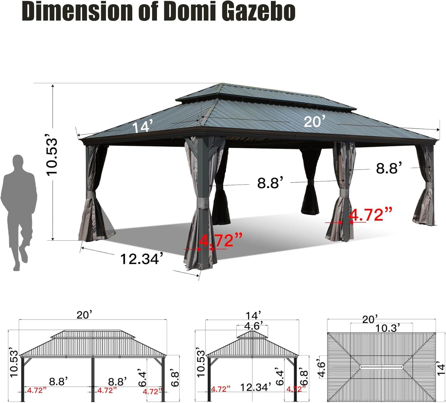 Domi 14'x20' Hardtop Gazebo Canopy,Outdoor Aluminum Gazebo with Galvanized Steel Double Roof,Large Permanent Gazebo Pavilion for Patio Deck Backyard,Curtain and Netting,Grey