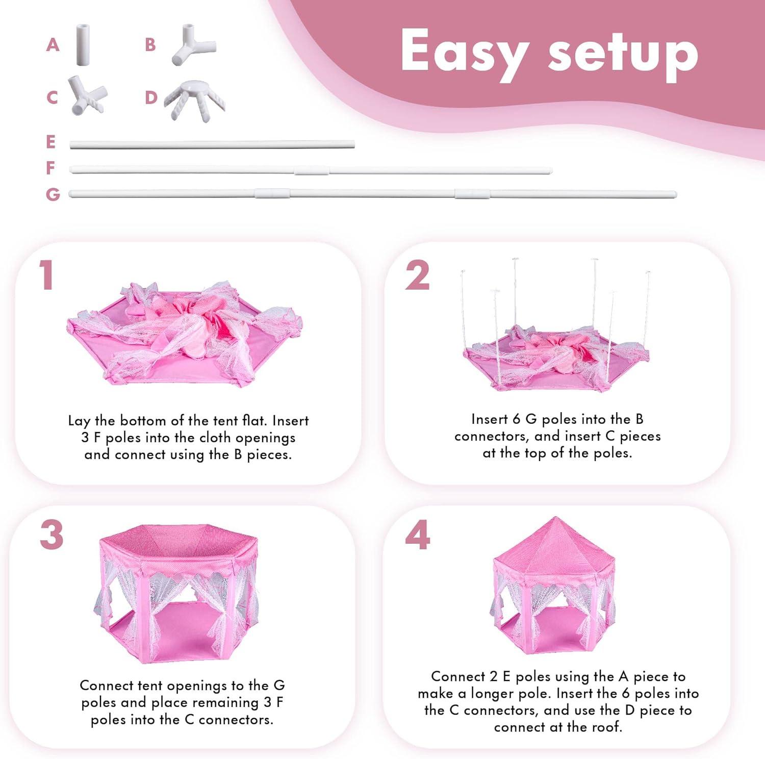 Twinkle Star 55"x 53" Princess Play Castle Tent with Ultra Soft Rug for Girls Playhouse Include Star String Lights and Banners Decor, Princess Tent, Kids Game House for Indoor Outdoor Game, Pink