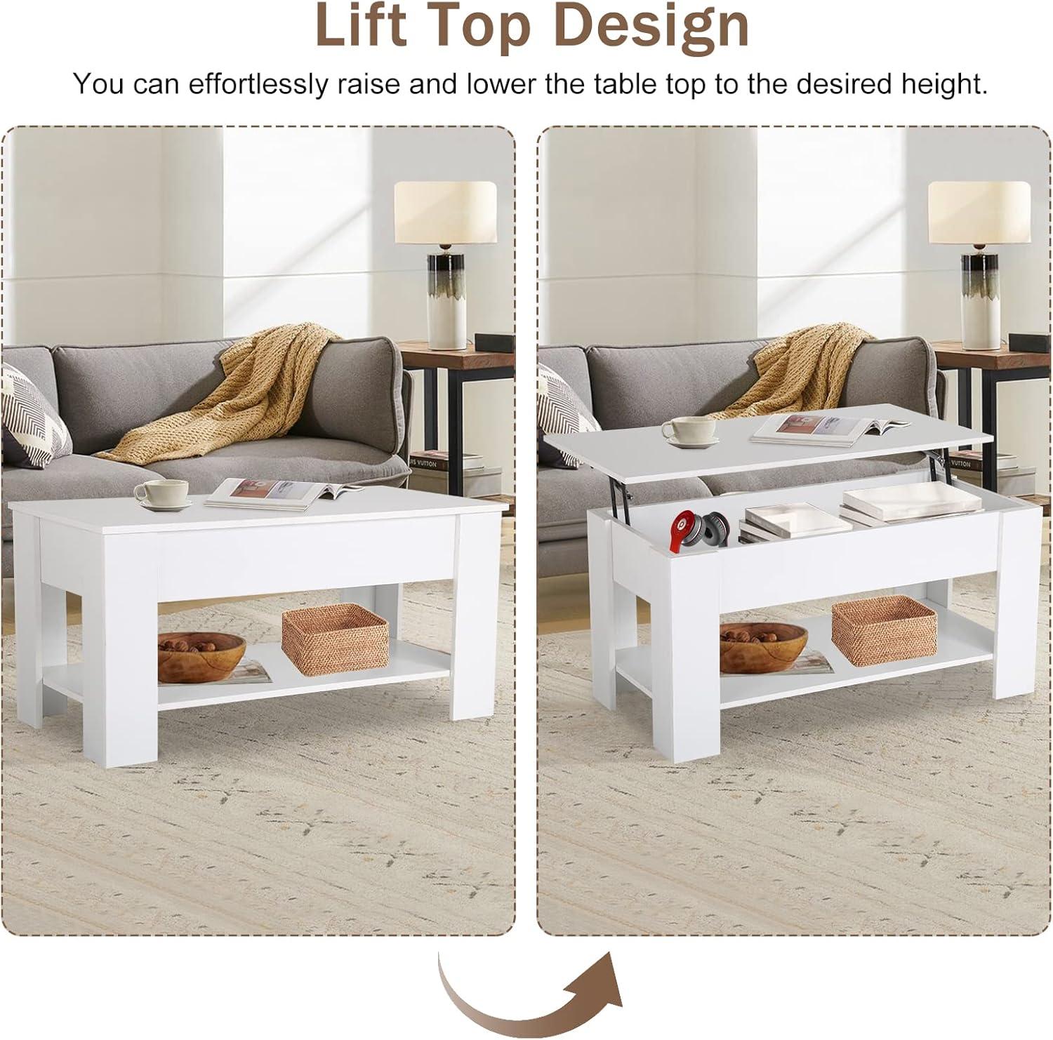 FDW Coffee Tables with Hidden Compartment and Storage Shelf Wooden Lift Tabletop Dining Table for Living Room Home (White)