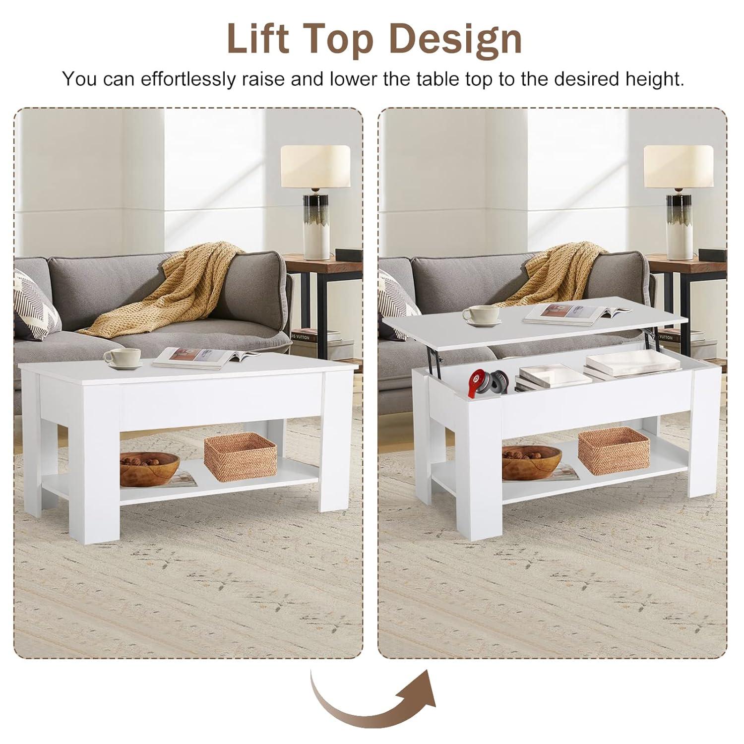 FDW Coffee Tables with Hidden Compartment and Storage Shelf Wooden Lift Tabletop Dining Table for Living Room Home (White)