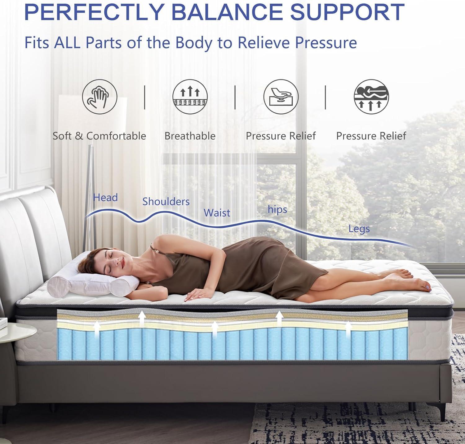 12 Inch King Size Hybrid Mattress - Medium Firm, Memory Foam & Pocket Springs, Motion Isolation, Edge Support, Pressure Relief, Ships Compressed