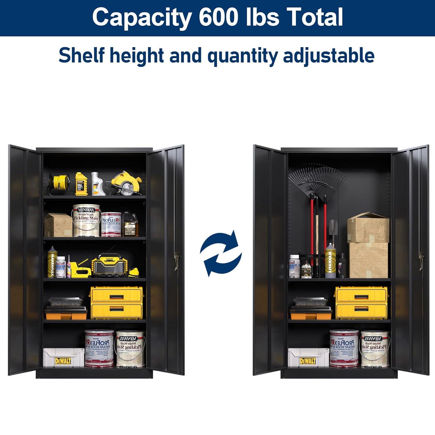Drevy Metal Garage Storage Cabinet with Lock, 71" Steel Lockable File Cabinet, Locking Steel Storage Cabinet with 4 Adjustable Shelves for Home, Office, Warehouse, Garage, School (Black)