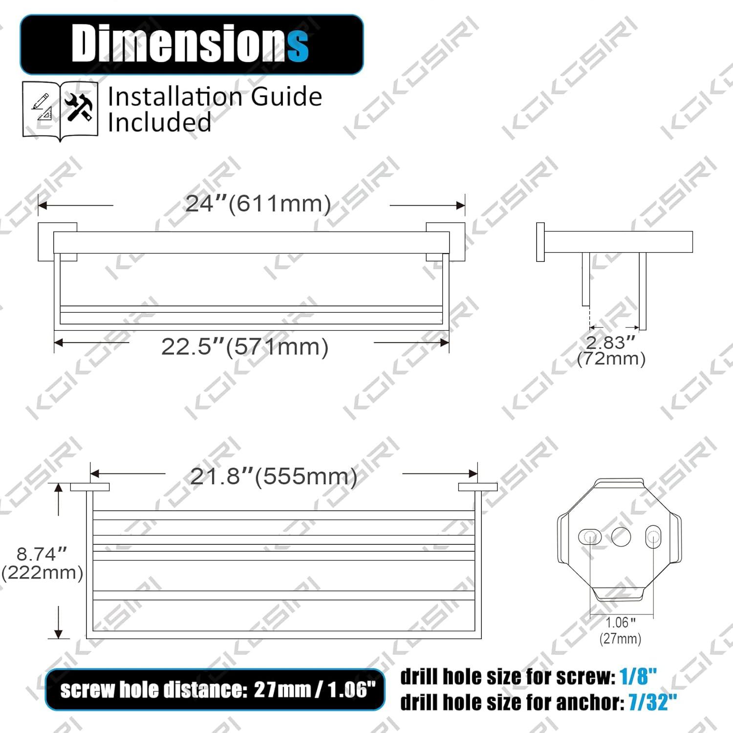 KOKOSIRI Towel Shelf Holder 24'' Bathroom Towel Rack with Two Bath Towel Bars Rails SUS304 Stainless Steel Wall Mount, Brushed Gold, B6003BG