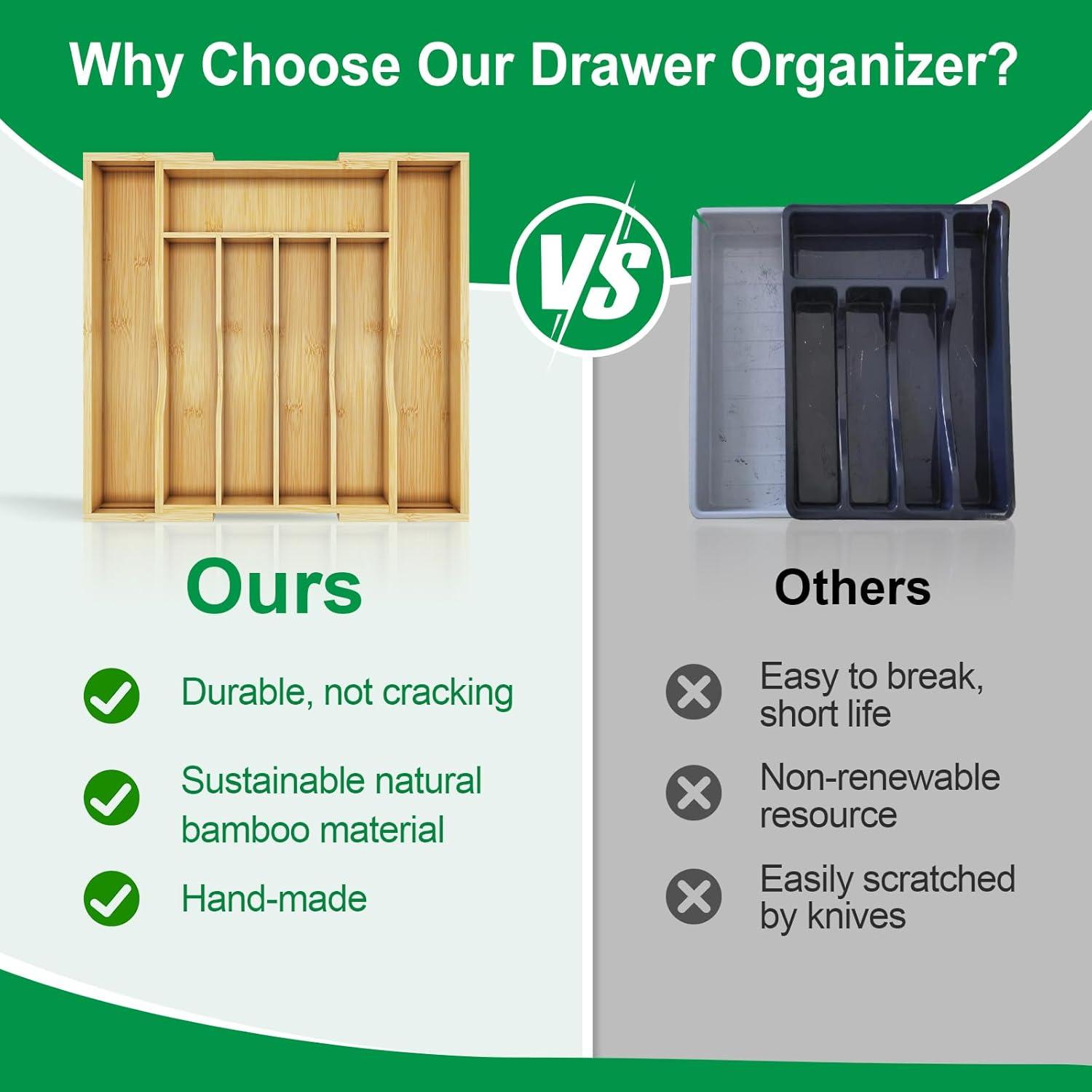 BAMBUROBA Bamboo Kitchen Drawer Organizer,Expandable Silverware Organizer,2 Pack Utensil Holder and Cutlery Tray with 7 Slots,Gadgets Storage Divider,Natural