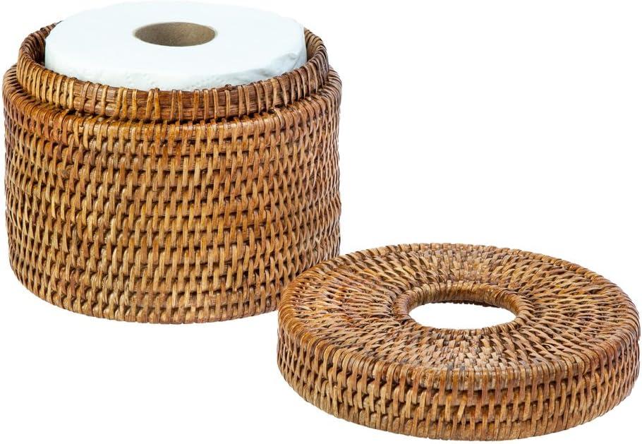 Kouboo La Jolla Handwoven Rattan Toilet Roll Stand, Toilet Paper Cover, Storage Single Roll And Tissues Protector In Bathroom, Round Toilet Holder Basket, Honey Brown