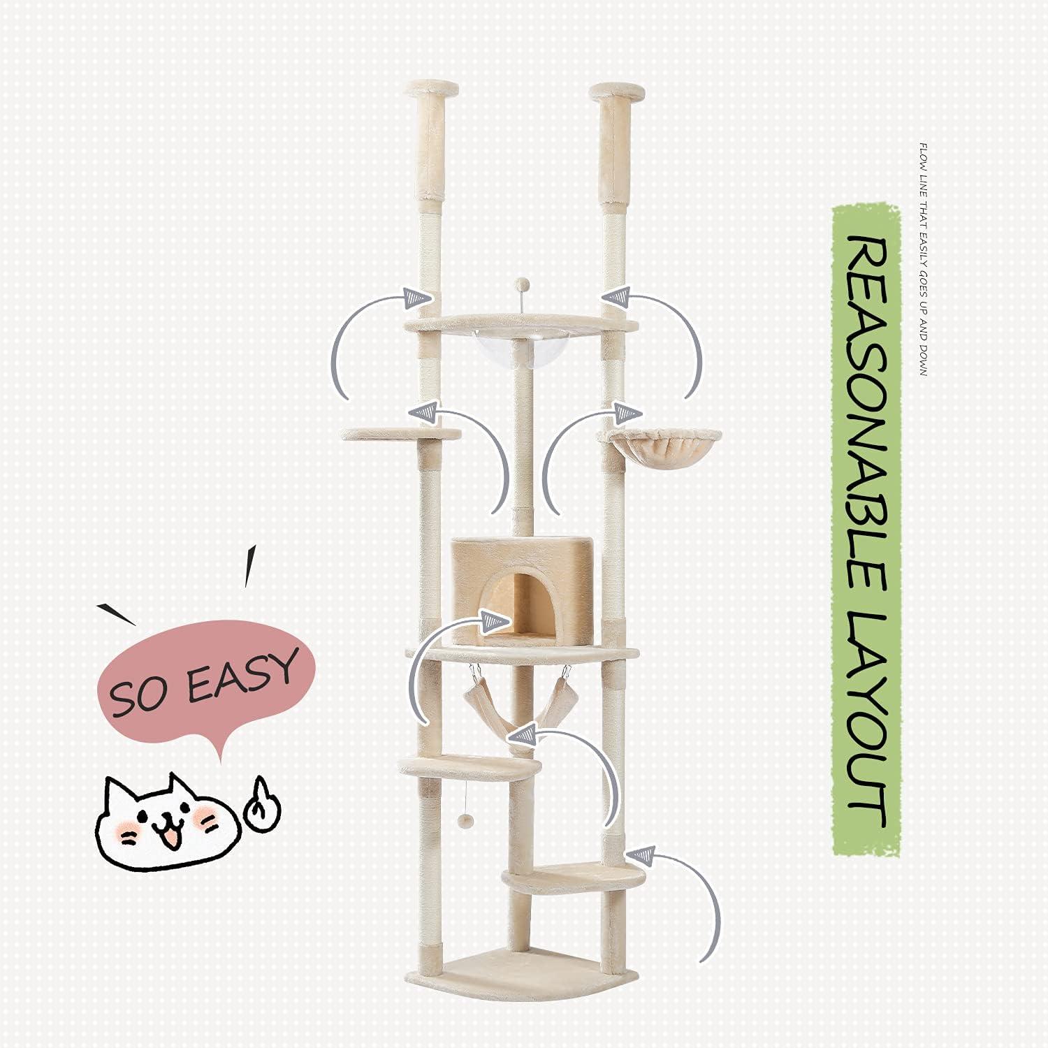 PEQULTI Floor to Ceiling Cat Tree 92.9’’-101.6’’ Height Adjustable Cat Tower Tall Kitty Climbing Play House with Scratching Posts, Cozy Condo, Perches and Large Hammock for Indoor Cats Gray