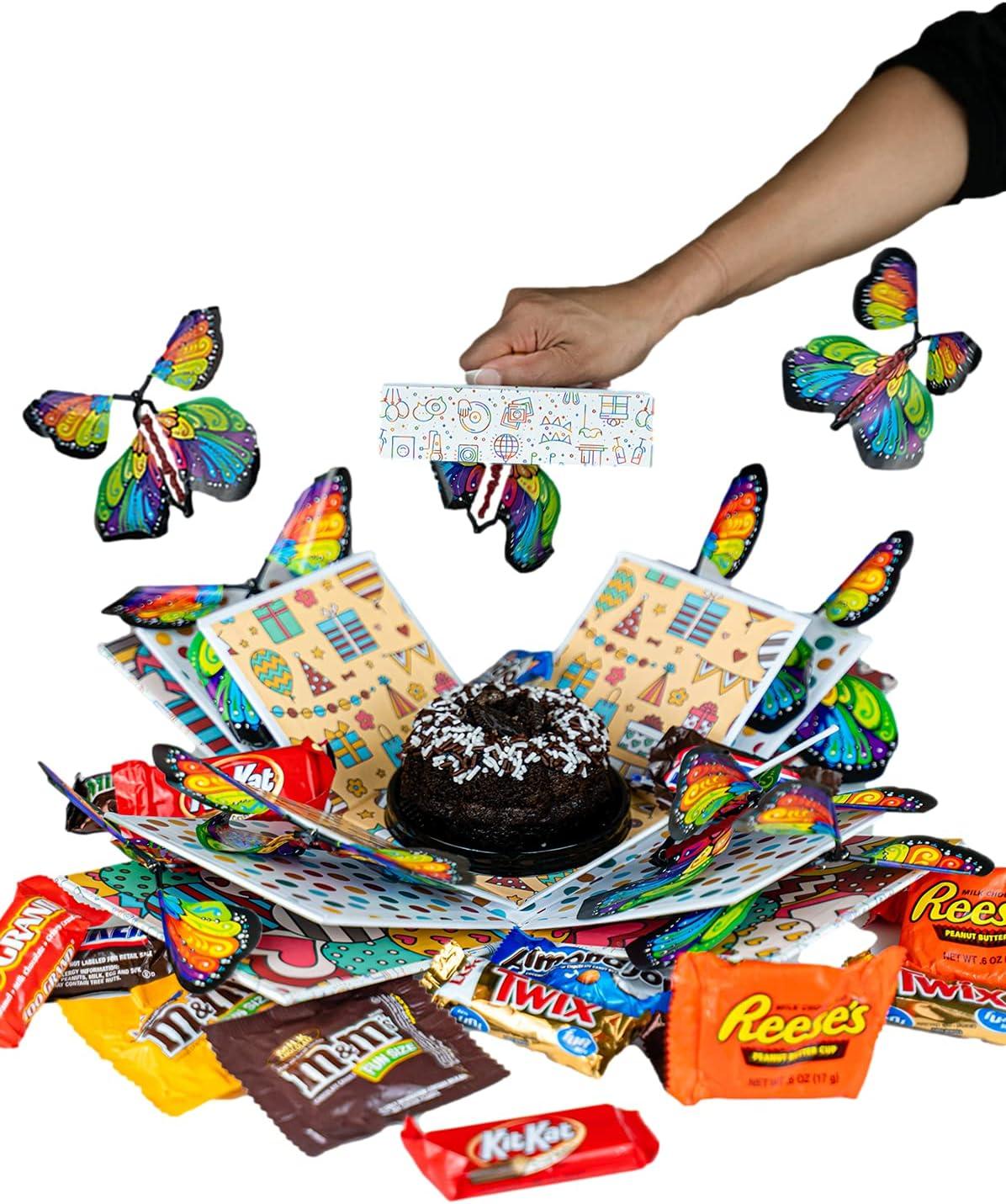Sendacake White & Gold Foil Celebration Explosion Flying Butterfly Surprise, Cake & Flowers Gift Box