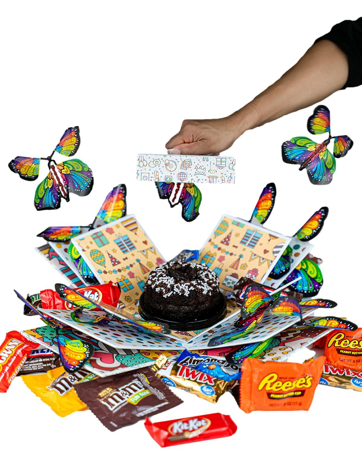 Send a Cake Explosion Box Gift with Flying Butterfly Surprise & Candy - Birthday, Holiday, Special Occasion – Birthday Treat for Women, Men, Adults, Kids