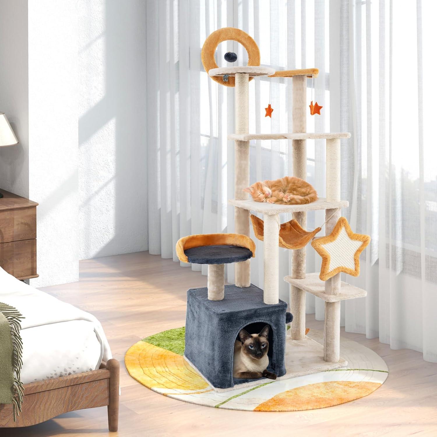PawHut Cat Tree, 63 Inch Moon and Star Themed Cat Tower with Scratching Post, Hammock, Condo, Bed, Scratching Board & Cat Toys, Beige